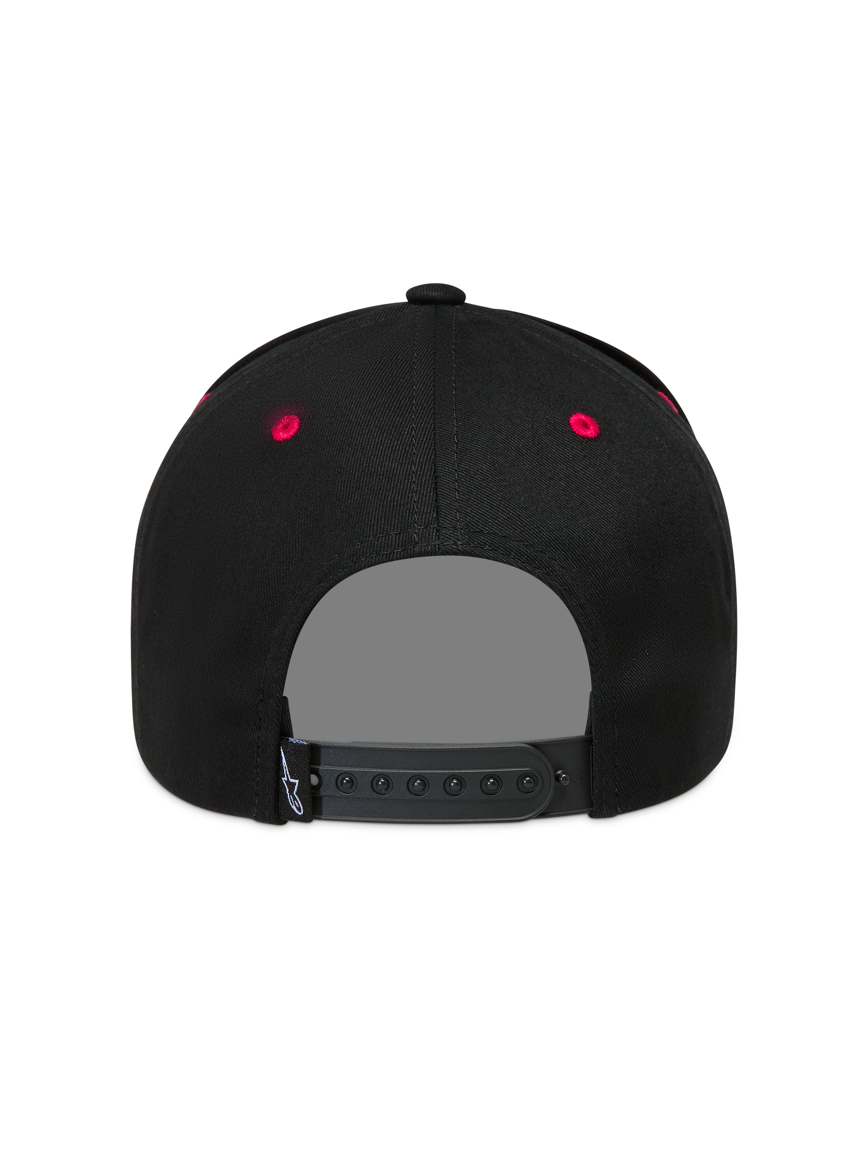 Alpinestars Retro Snapback hatt, svart och röd sportkeps bakifrån med justerbart spänne och röda öljetter.