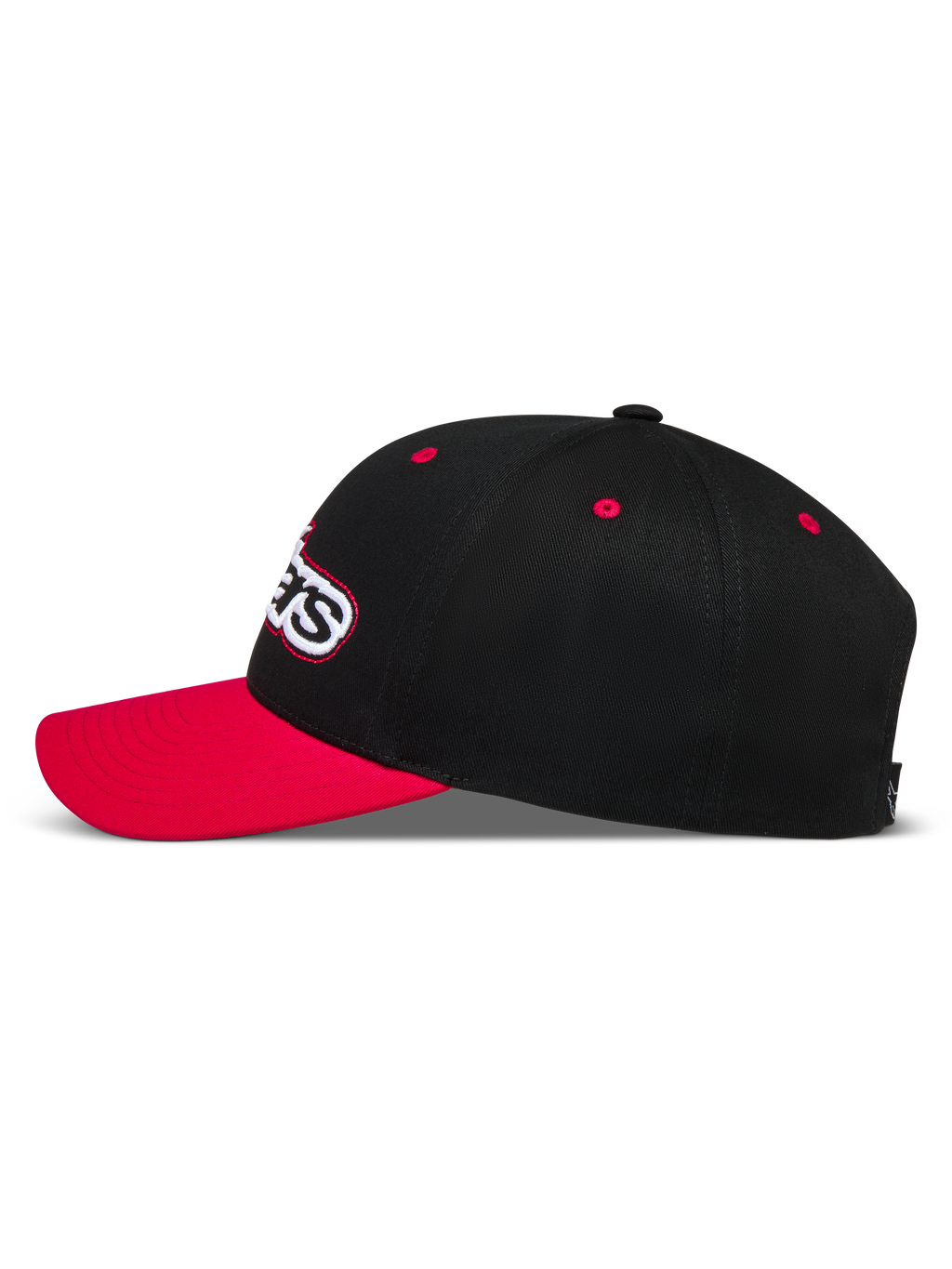 Alpinestars Retro Snapback keps, svart och röd sportkeps med böjd skärm och strukturerad krona i twill.