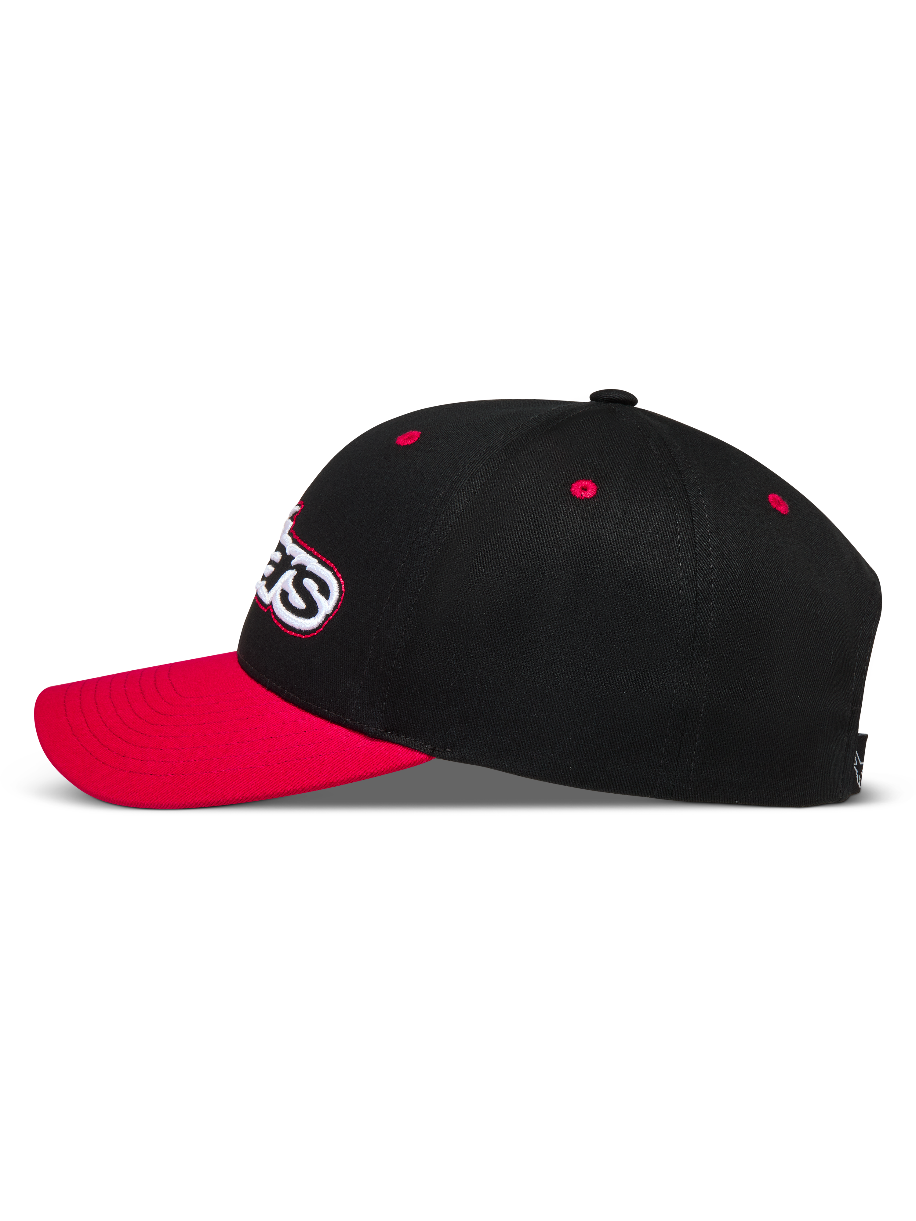 Alpinestars Retro Snapback keps, svart och röd sportkeps med böjd skärm och strukturerad krona i twill.