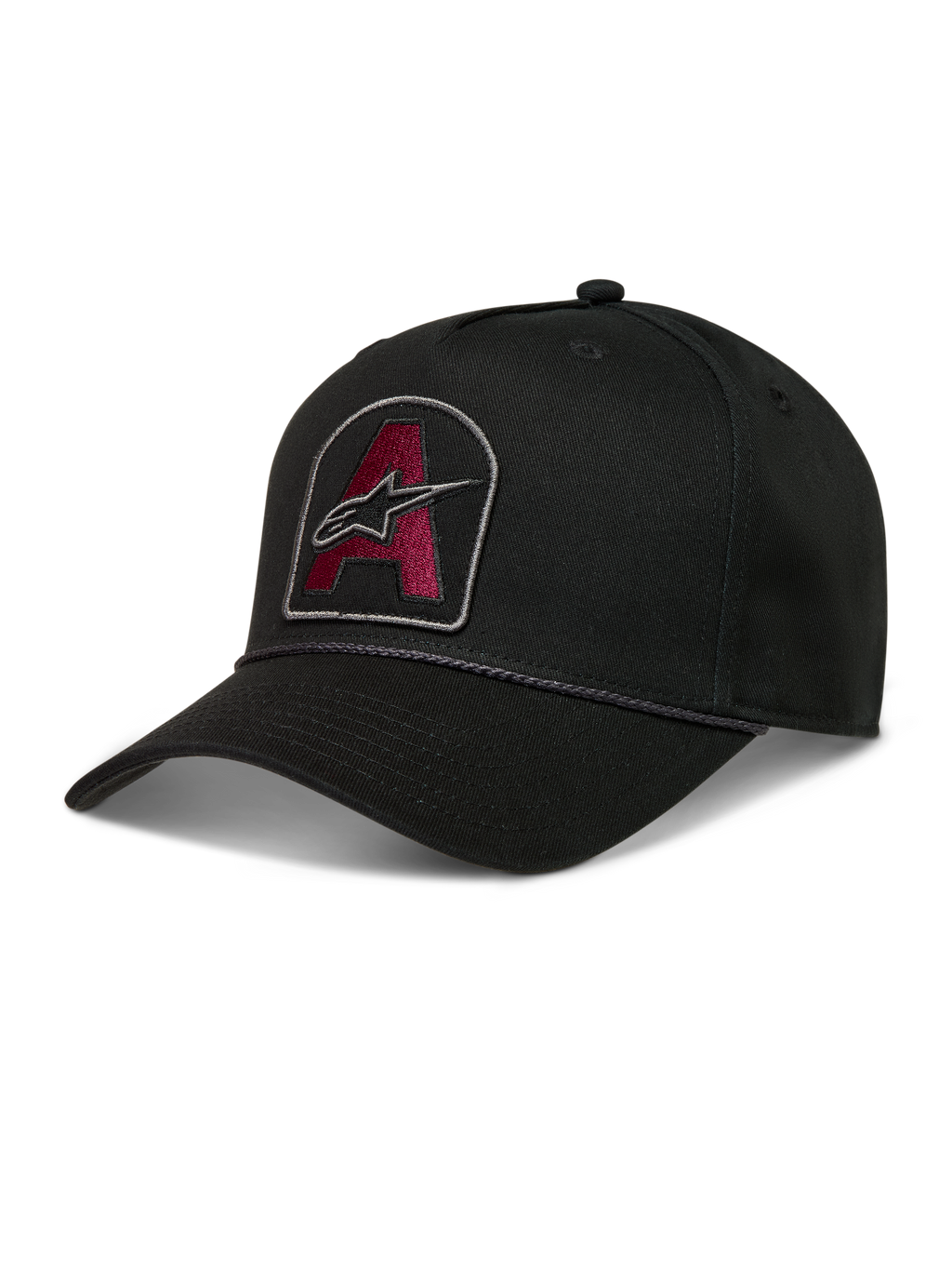 Alpinestars Acme Snapback keps, svart twillkeps med vinröd broderad logotyp, böjd skärm och repkant framtill.