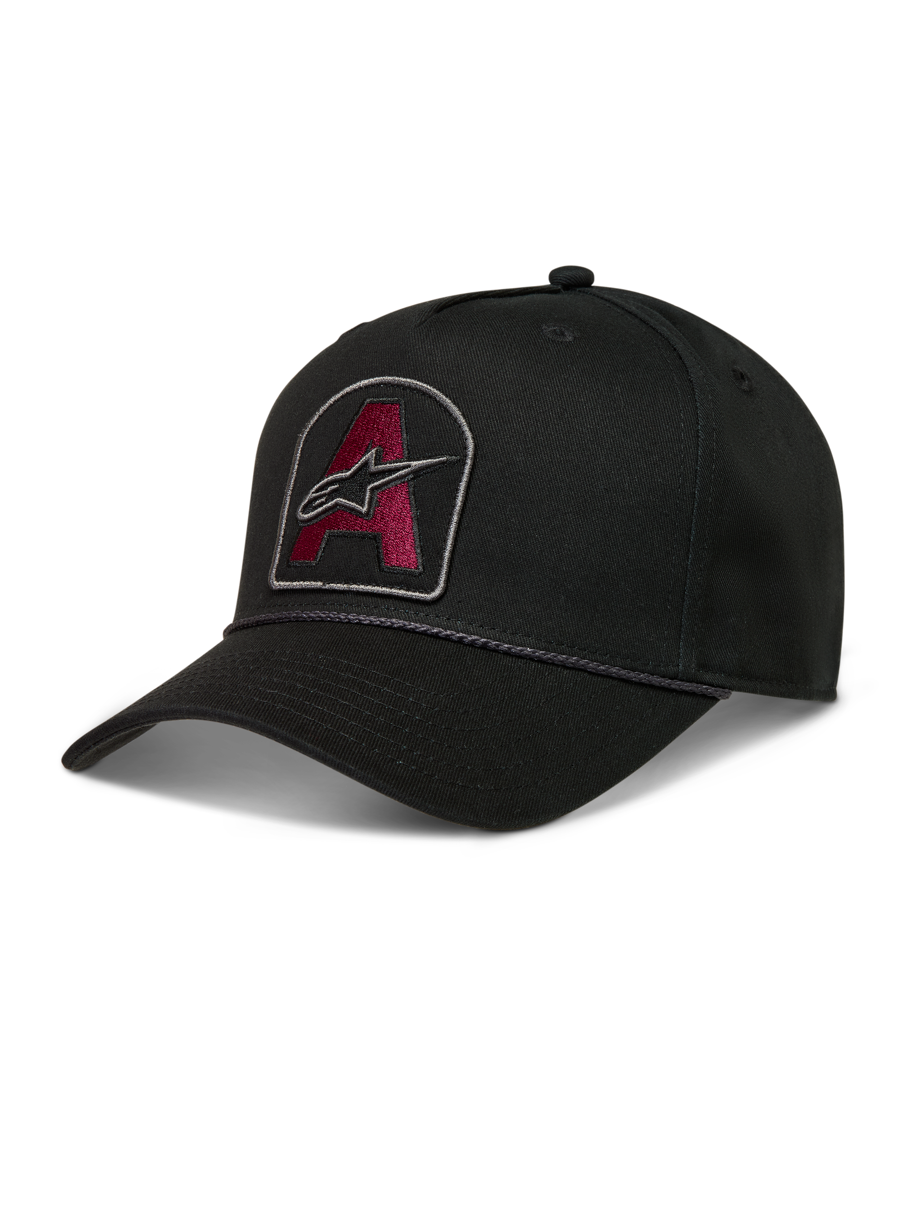 Alpinestars Acme Snapback keps, svart twillkeps med vinröd broderad logotyp, böjd skärm och repkant framtill.