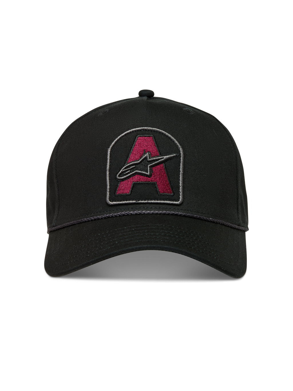 Alpinestars Acme Snapback keps, svart sportkeps med mörkröd broderad logotyppatch, böjd skärm och repkant.