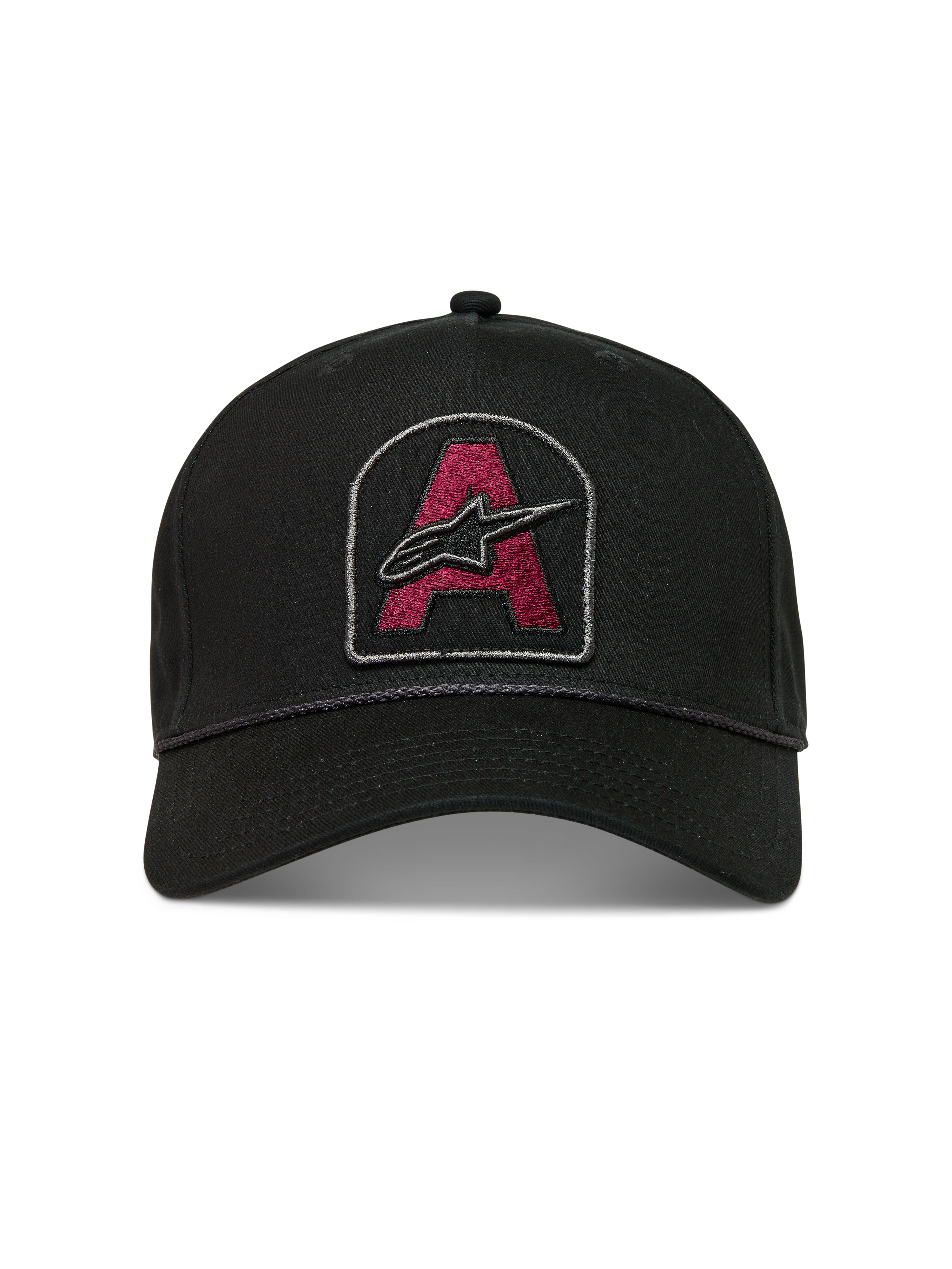Alpinestars Acme Snapback keps, svart sportkeps med mörkröd broderad logotyppatch, böjd skärm och repkant.