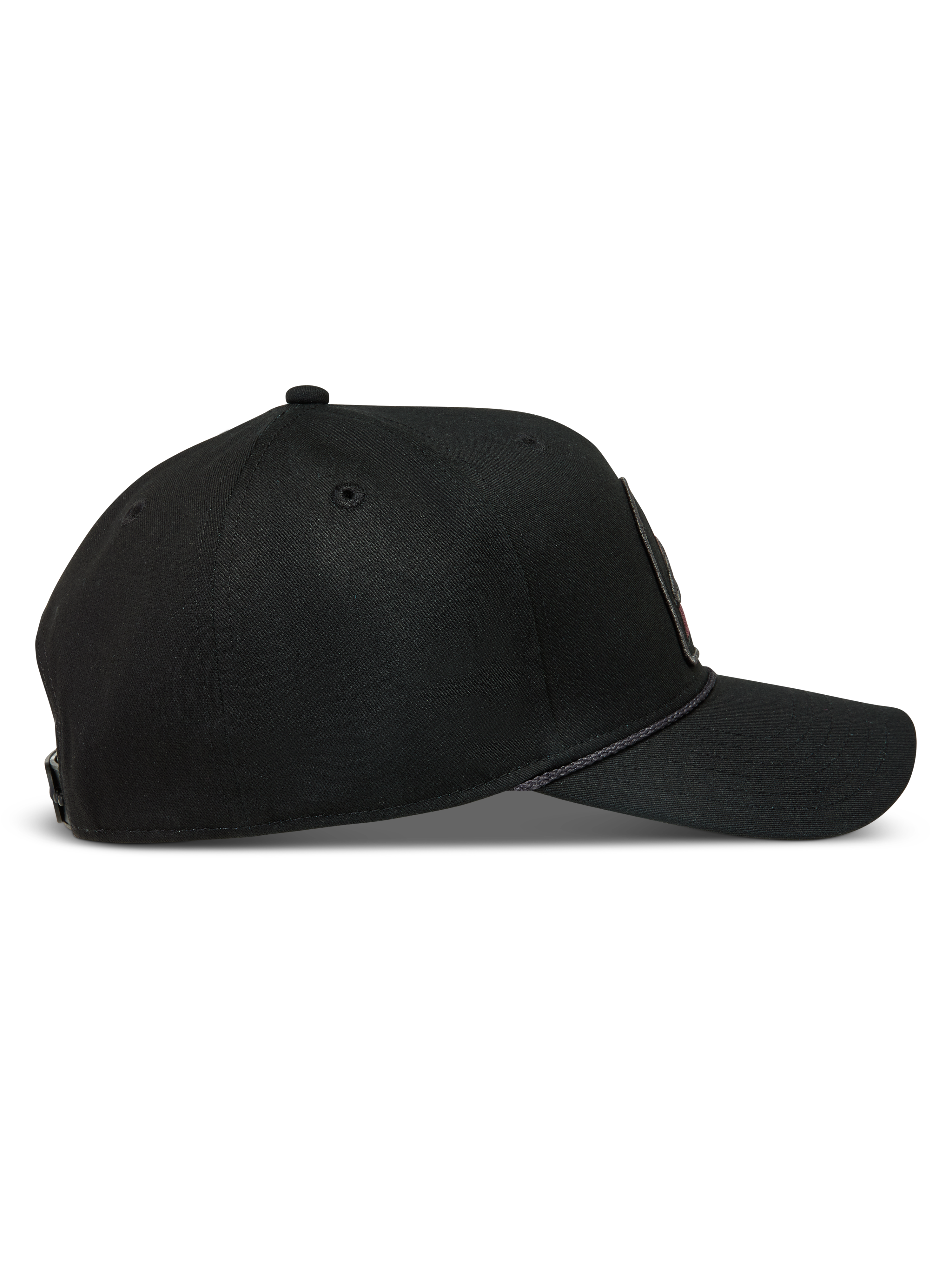 Alpinestars Acme Snapback hatt, svart keps i twill med böjd skärm, strukturerad krona och dekorativ repkant längs skärmen.