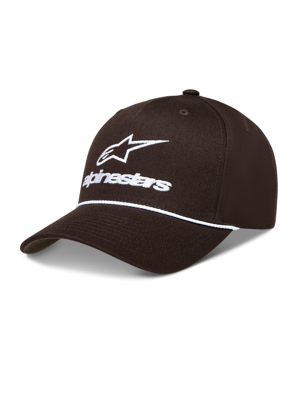 Alpinestars Combo Logo Snapback hatt, brun sportkeps med vit broderad logotyp, repsdetalj och strukturerad krona.
