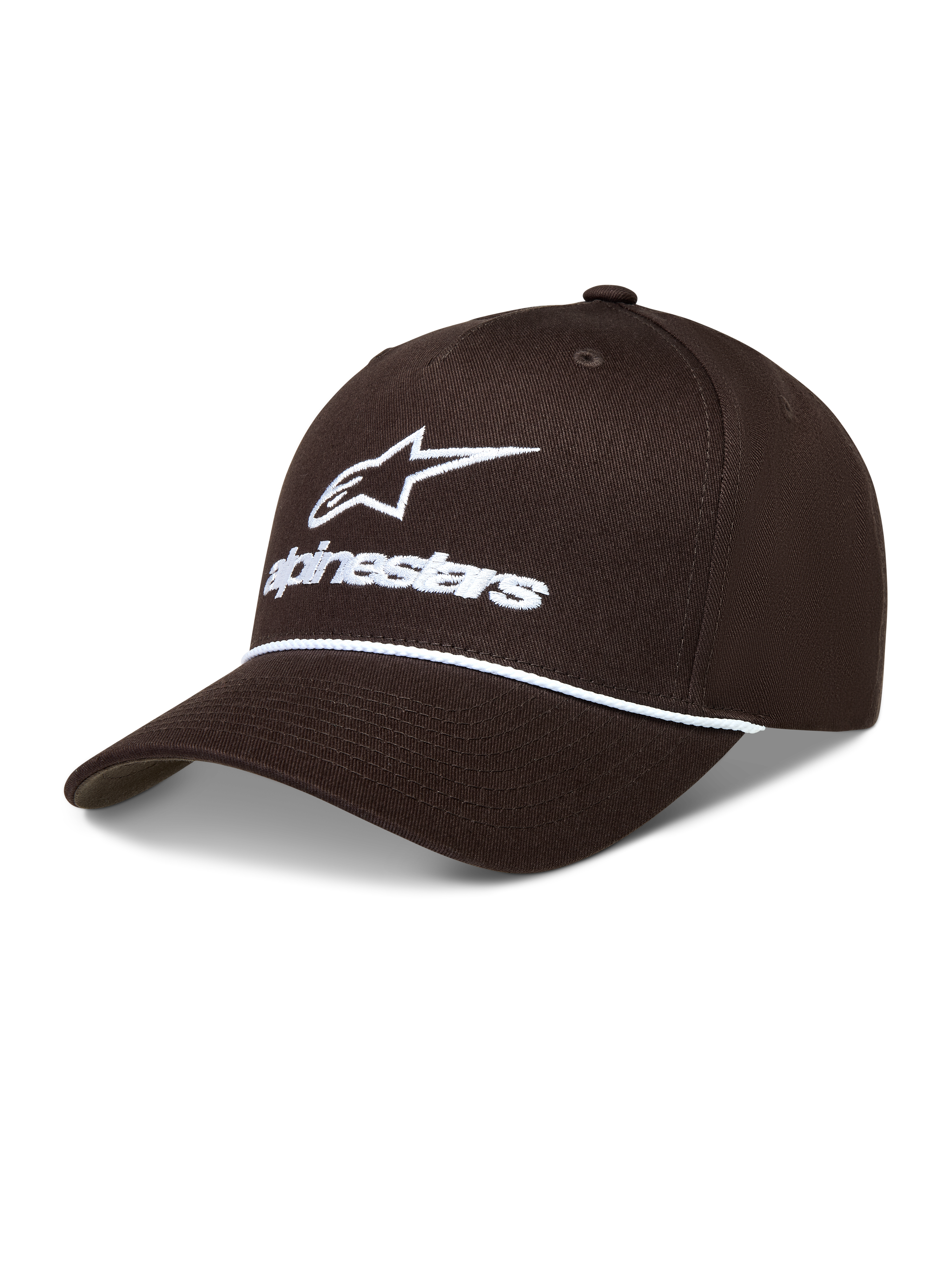 Alpinestars Combo Logo Snapback hatt, brun sportkeps med vit broderad logotyp, repsdetalj och strukturerad krona.
