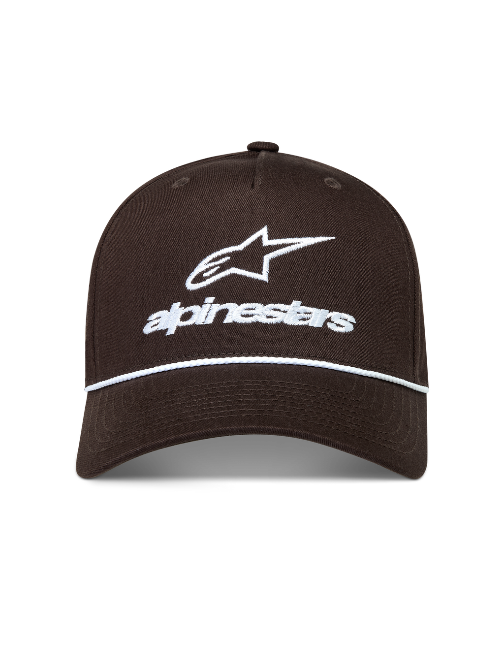 Alpinestars Combo Logo Snapback keps, brun sportkeps med vit broderad logotyp och repsdetalj på den böjda skärmen.