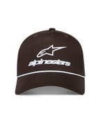 Alpinestars Combo Logo Snapback keps, brun sportkeps med vit broderad logotyp och repsdetalj på den böjda skärmen.