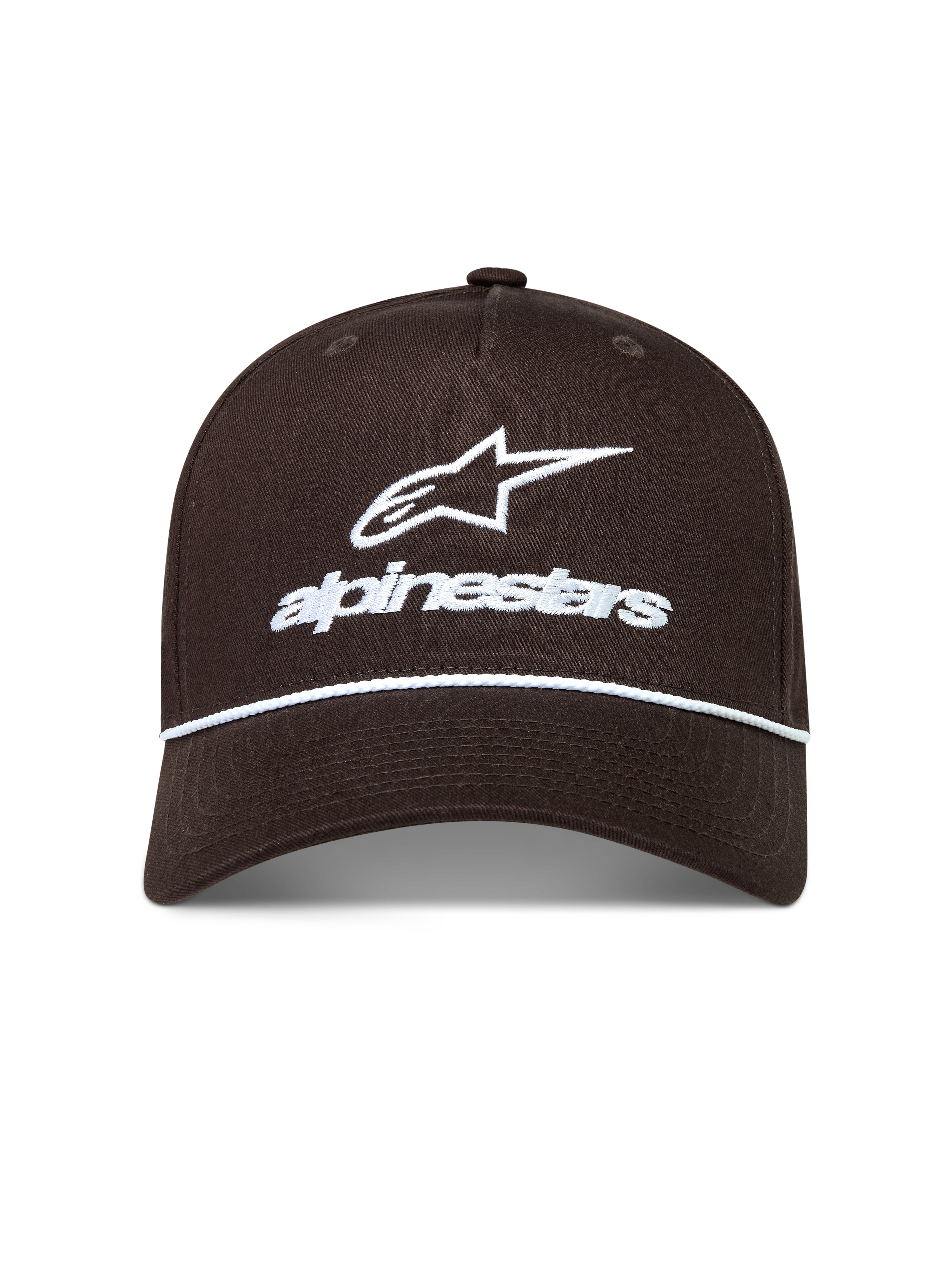 Alpinestars Combo Logo Snapback keps, brun sportkeps med vit broderad logotyp och repsdetalj på den böjda skärmen.