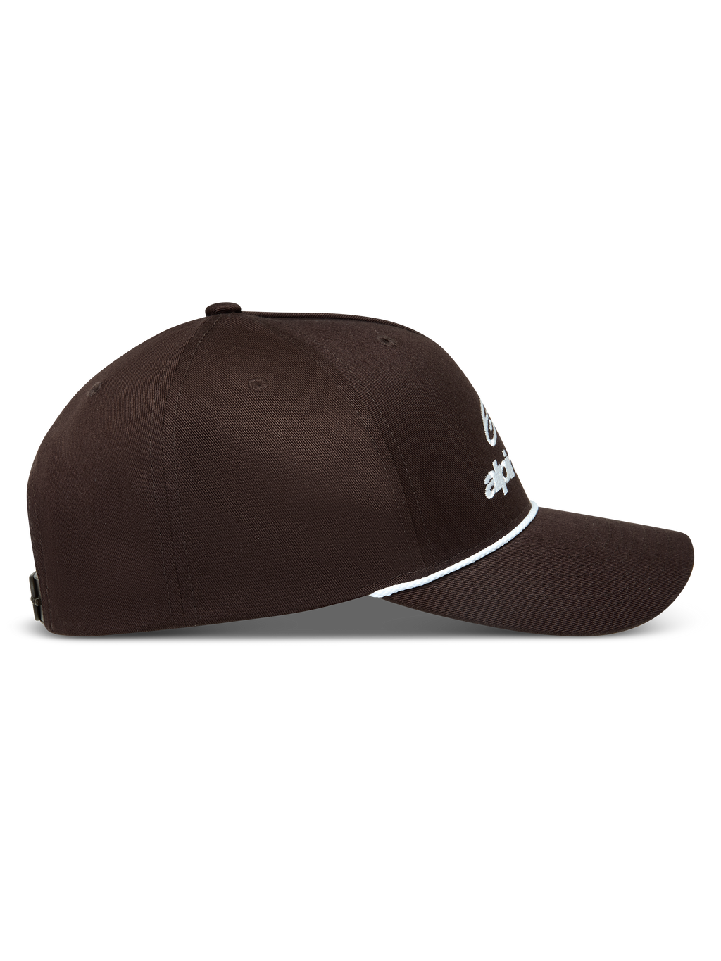 Alpinestars Combo Logo Snapback hatt, brun sportkeps med vit broderad logotyp, strukturerad krona och böjd skärm med vit repdetalj.