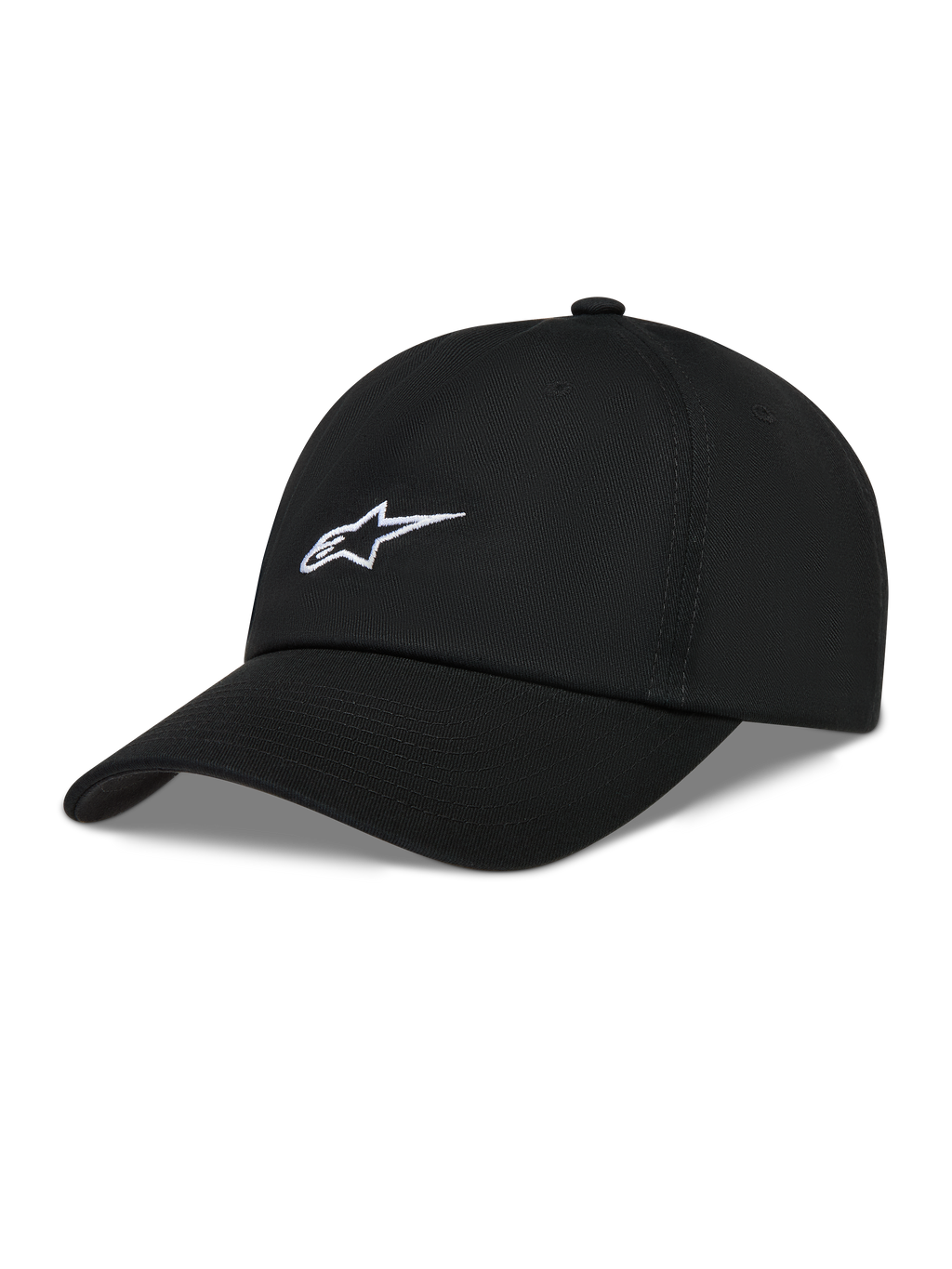 Alpinestars Dylan Dad keps, svart ostrukturerad twillkeps med vit broderad Astars-logotyp och böjd skärm.