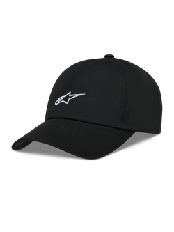 Alpinestars Dylan Dad Hat, Black unstructured twill cap with white Astars logo embroidery and curved bill.
