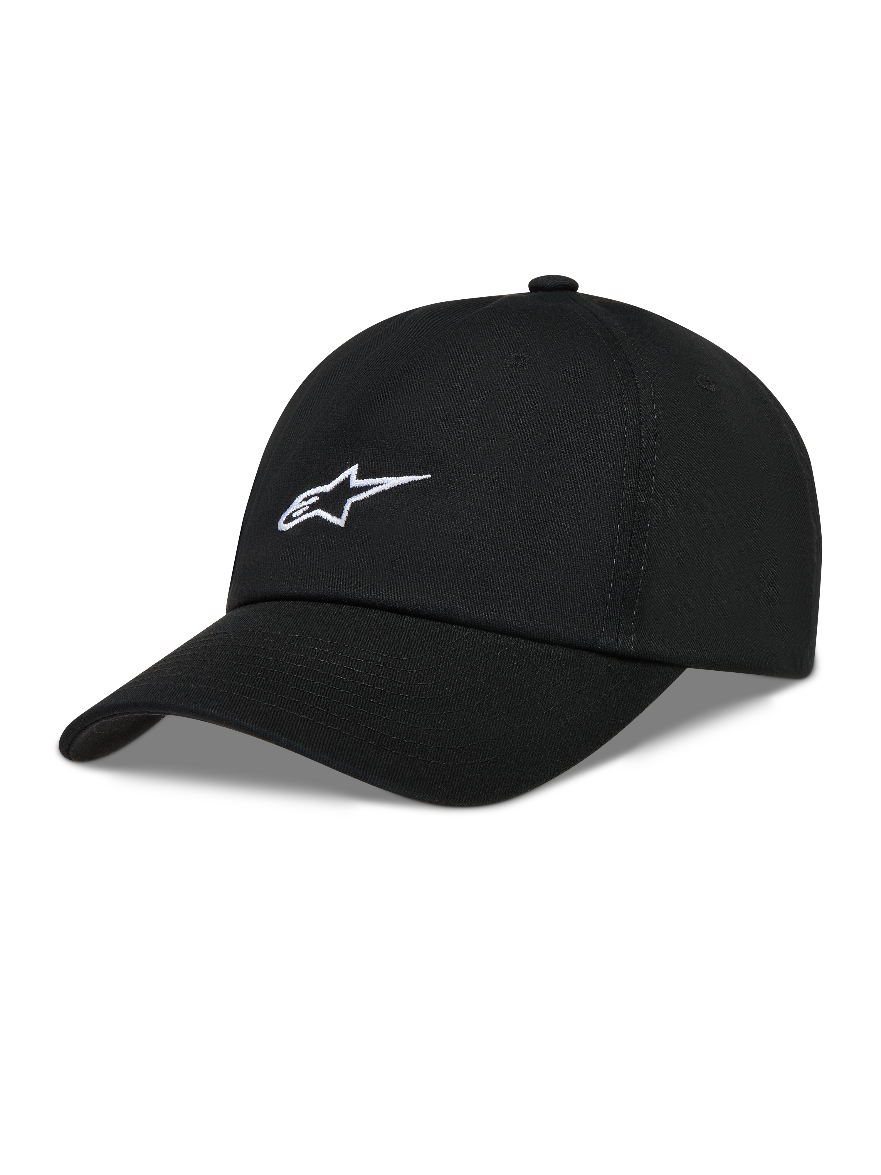 Alpinestars Dylan Dad keps, svart ostrukturerad twillkeps med vit broderad Astars-logotyp och böjd skärm.