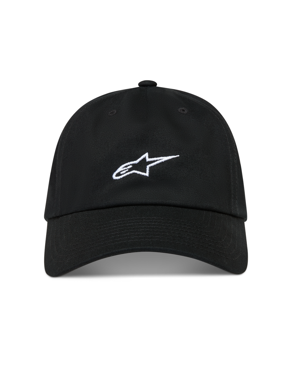 Alpinestars Dylan Dad Hatt, svart keps i bomullstwill med vit broderad Astars-logotyp, böjd skärm och ostrukturerad låg krona.