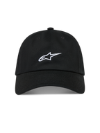 Alpinestars Dylan Dad Hatt, svart keps i bomullstwill med vit broderad Astars-logotyp, böjd skärm och ostrukturerad låg krona.