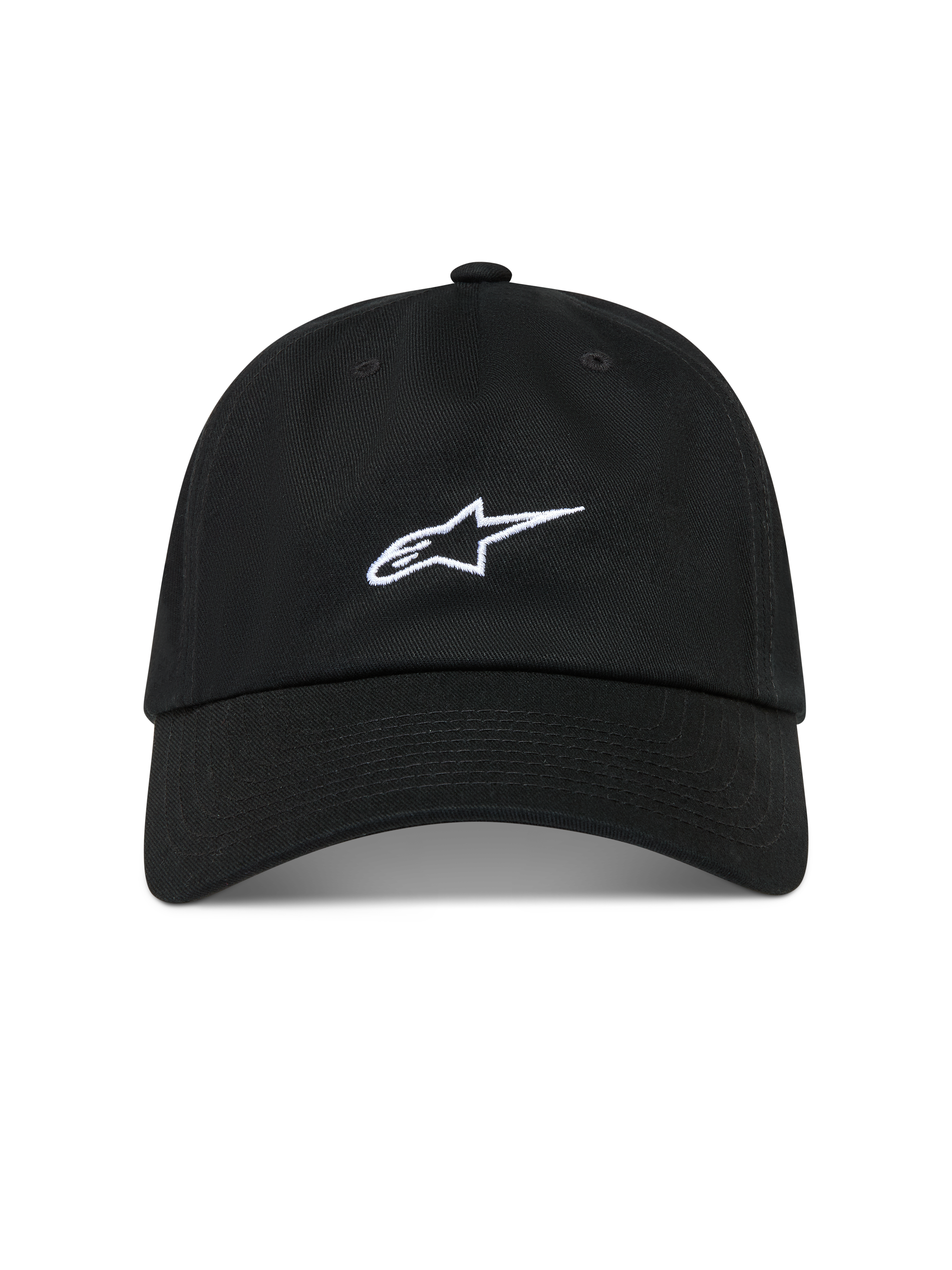 Alpinestars Dylan Dad Hatt, svart keps i bomullstwill med vit broderad Astars-logotyp, böjd skärm och ostrukturerad låg krona.