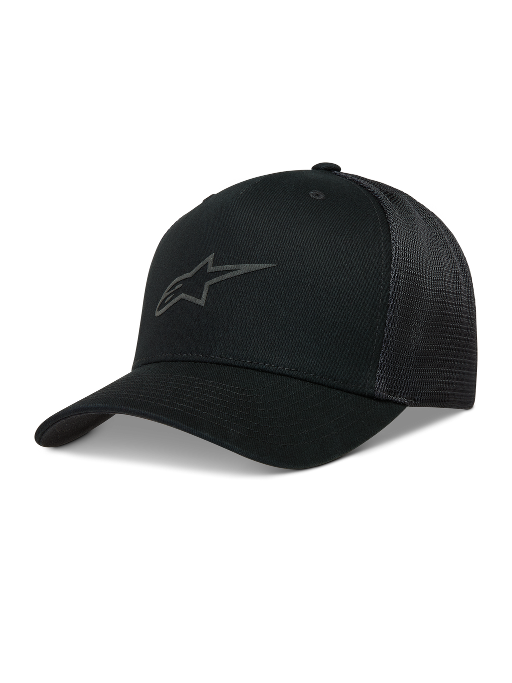 Alpinestars Augment Trucker keps, svart sportkeps med böjd skärm, twill-front, diamantnät bak och Astars-logotyp i pufftryck.