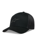 Alpinestars Augment Trucker keps, svart sportkeps med böjd skärm, twill-front, diamantnät bak och Astars-logotyp i pufftryck.