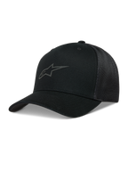 Alpinestars Augment Trucker keps, svart sportkeps med böjd skärm, twill-front, diamantnät bak och Astars-logotyp i pufftryck.