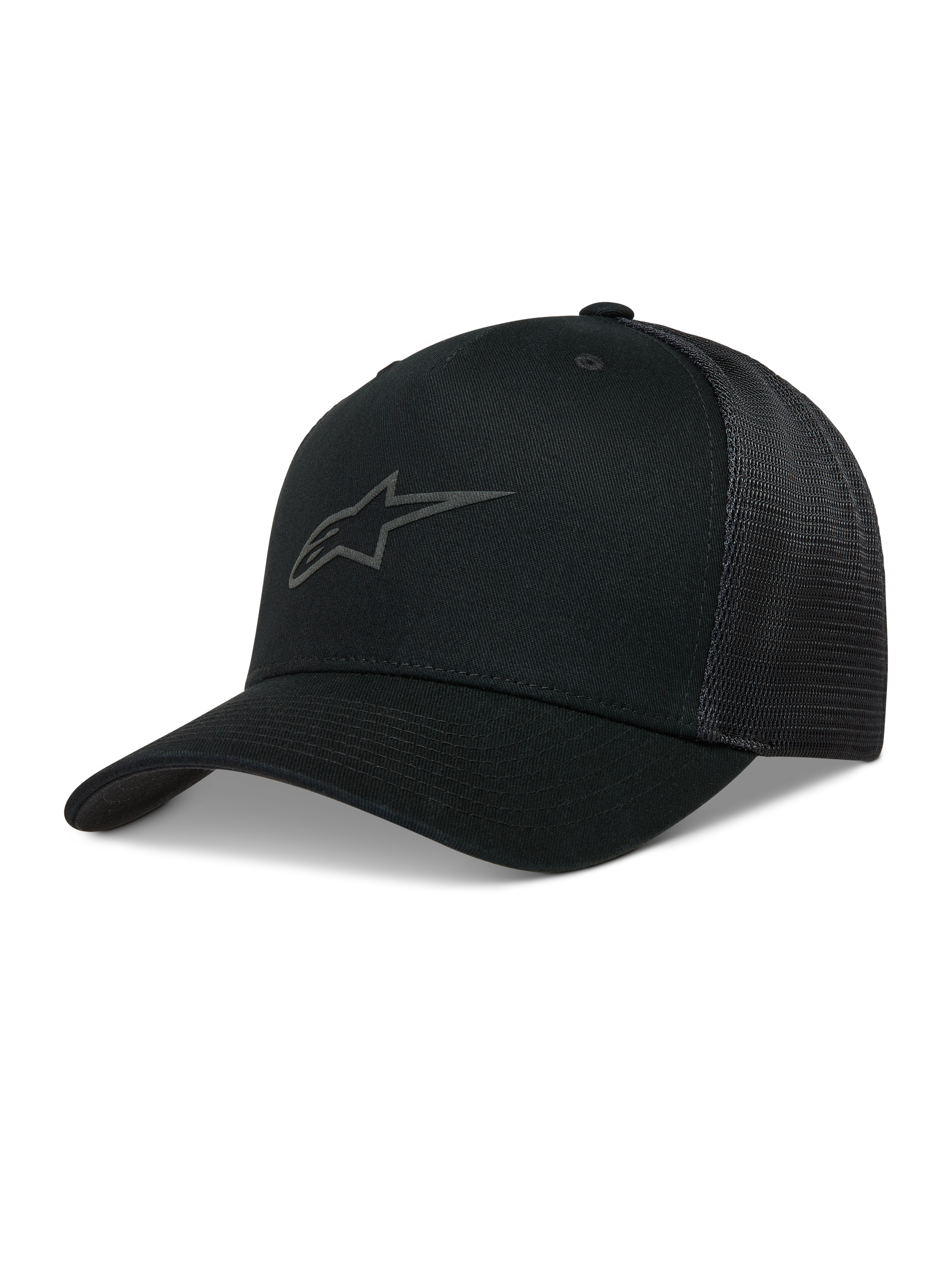 Alpinestars Augment Trucker keps, svart sportkeps med böjd skärm, twill-front, diamantnät bak och Astars-logotyp i pufftryck.