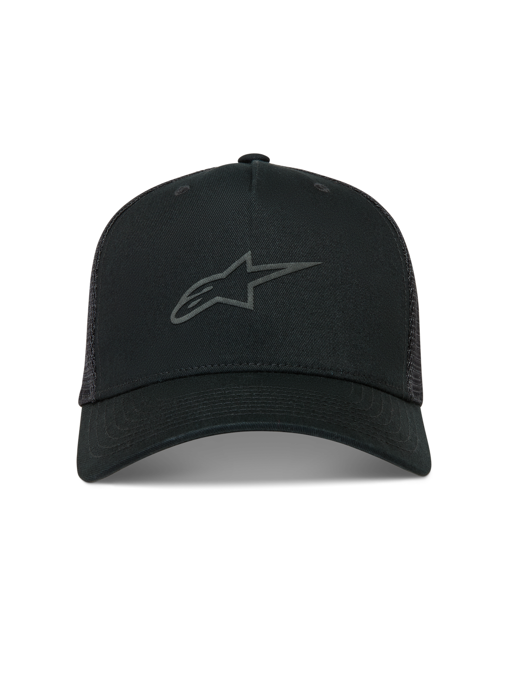 Alpinestars Augment Trucker keps, svart keps med nätbaksida, böjd skärm och pufftryckt Astars-logotyp.