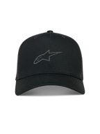 Alpinestars Augment Trucker keps, svart keps med nätbaksida, böjd skärm och pufftryckt Astars-logotyp.