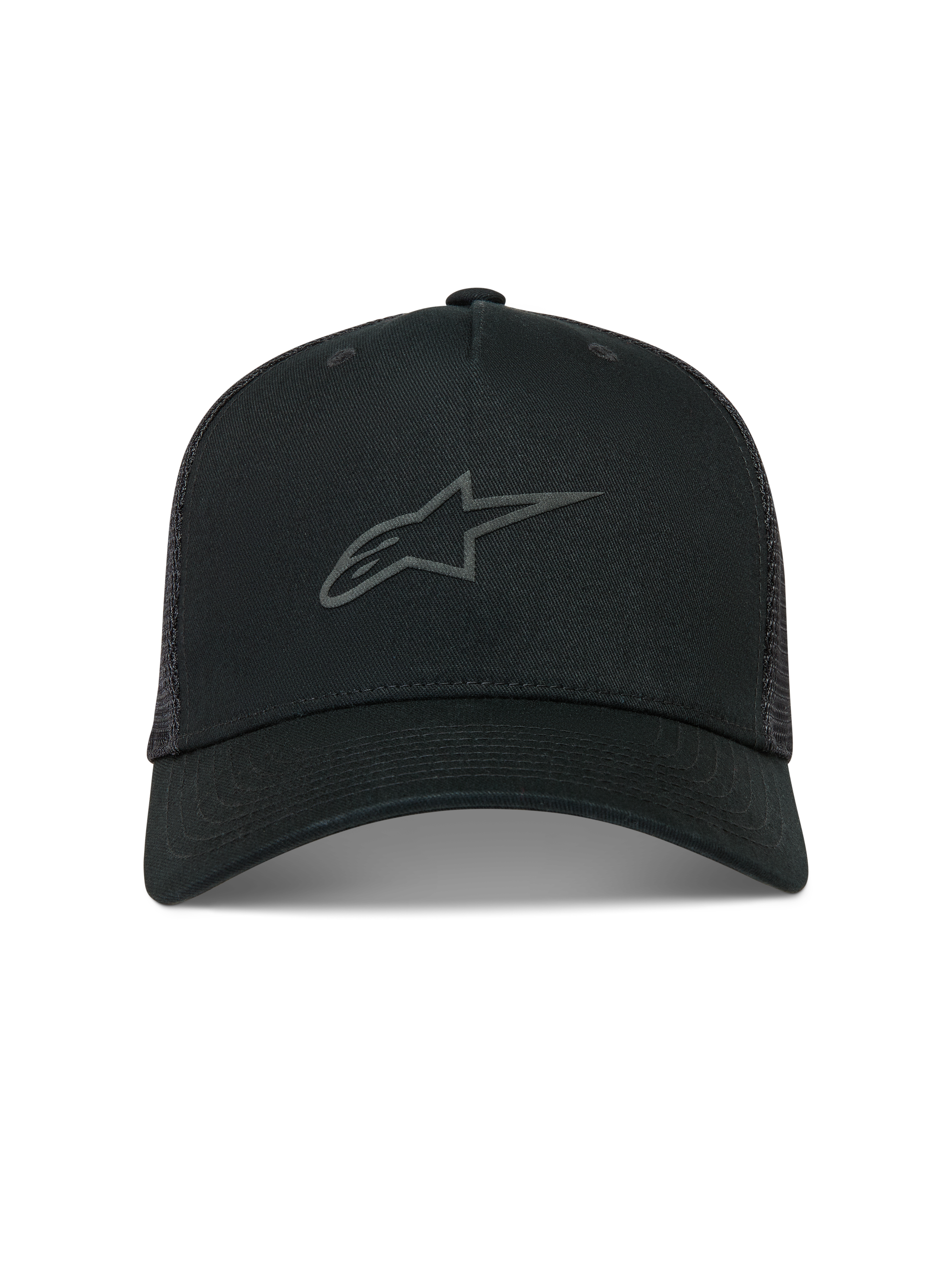 Alpinestars Augment Trucker keps, svart keps med nätbaksida, böjd skärm och pufftryckt Astars-logotyp.
