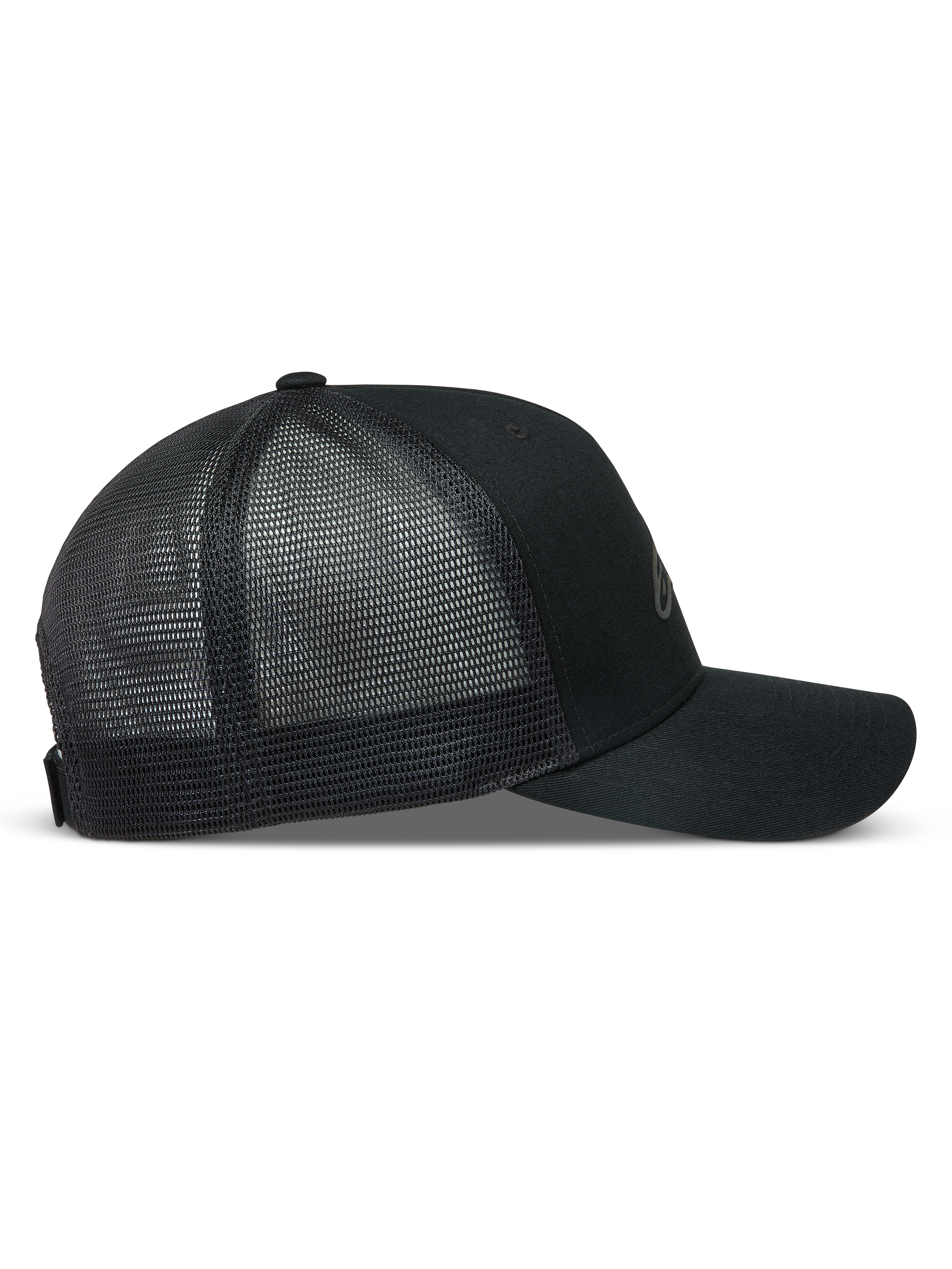 Alpinestars Augment Trucker keps, svart keps med böjd skärm, twillframsida och nätbaksida i mesh.