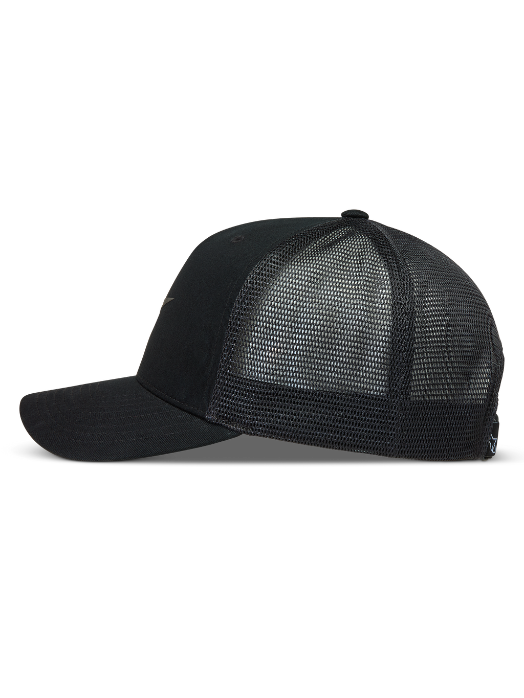 Alpinestars Augment Trucker keps, svart keps med twillframsida, böjd skärm och ventilerande diamantnät baktill, sidovy.