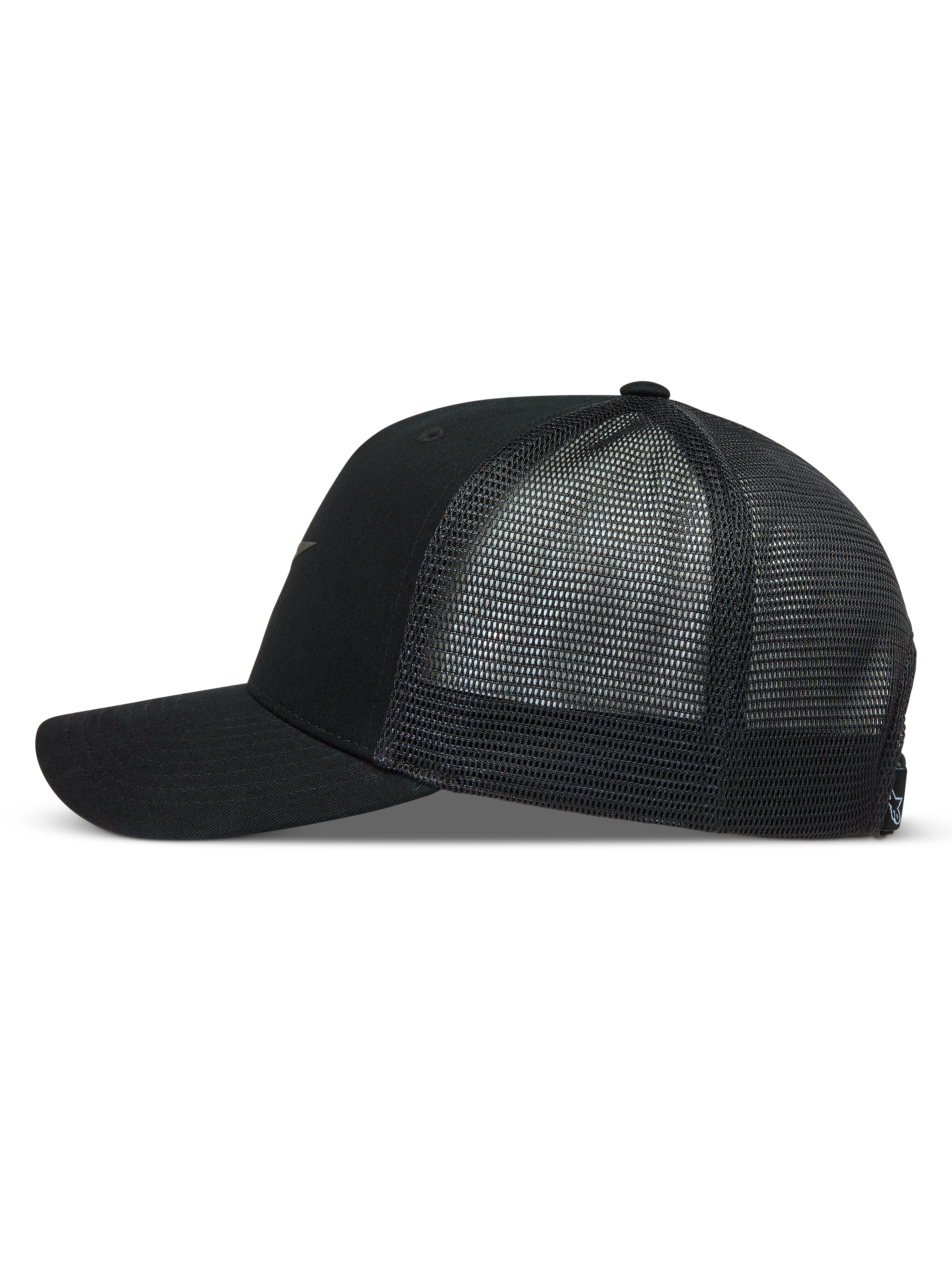 Alpinestars Augment Trucker keps, svart keps med twillframsida, böjd skärm och ventilerande diamantnät baktill, sidovy.