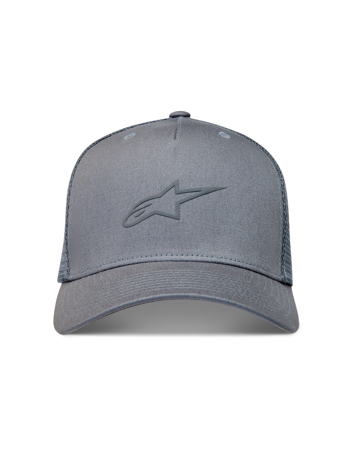 Alpinestars Augment Trucker hatt, grå sportkeps med texturerat pufftryck, böjd skärm och baksida i diamantnät.