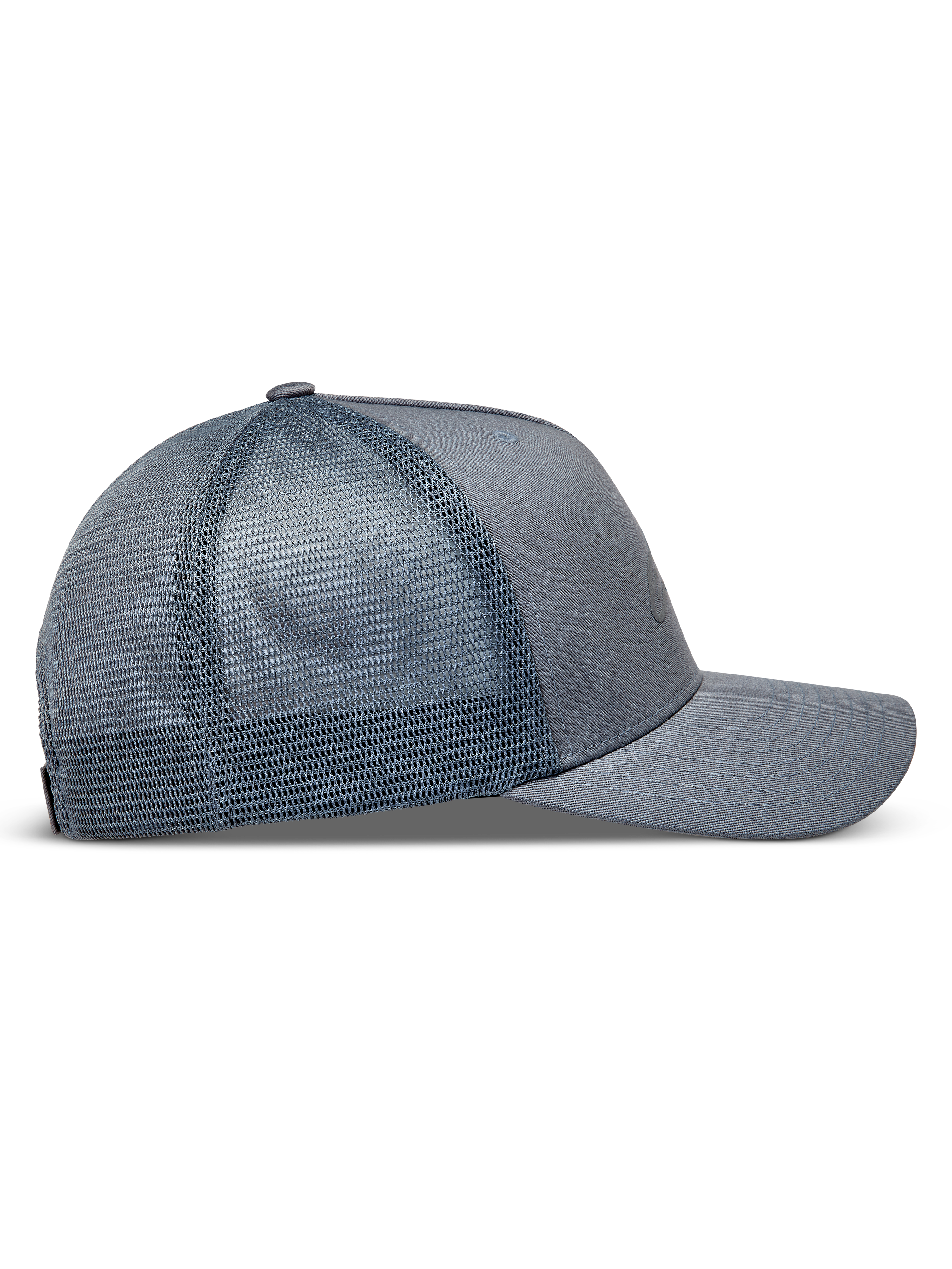 Alpinestars Augment Trucker Hat, Grey Sportswear Cap, side view showing breathable mesh back and curved bill.