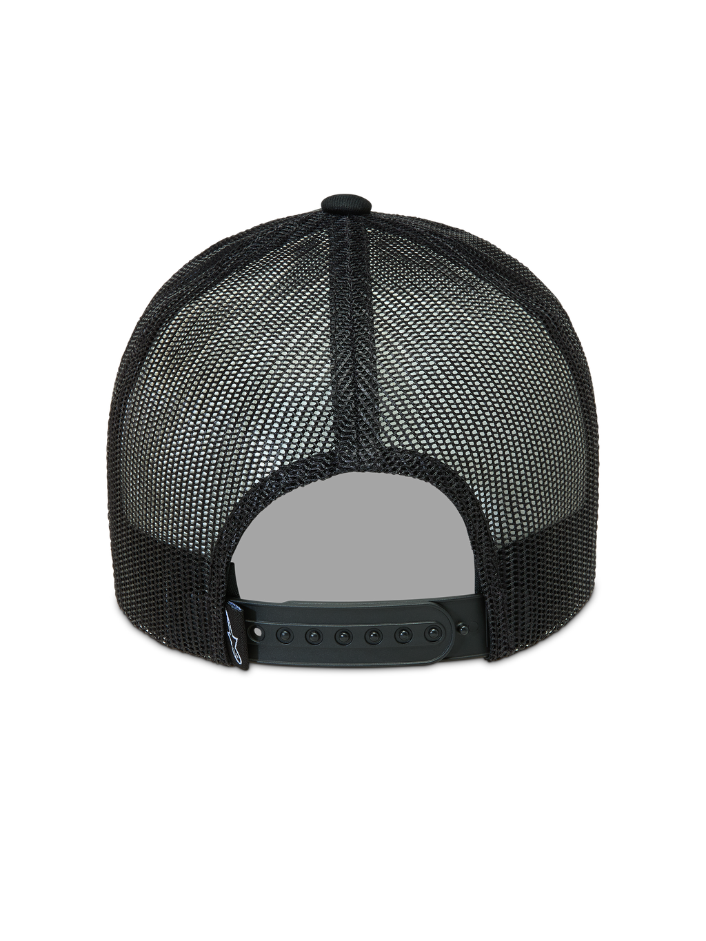 Alpinestars Hemmings Trucker Hat, black sportswear cap featuring breathable poly mesh panels and an adjustable snap-back.