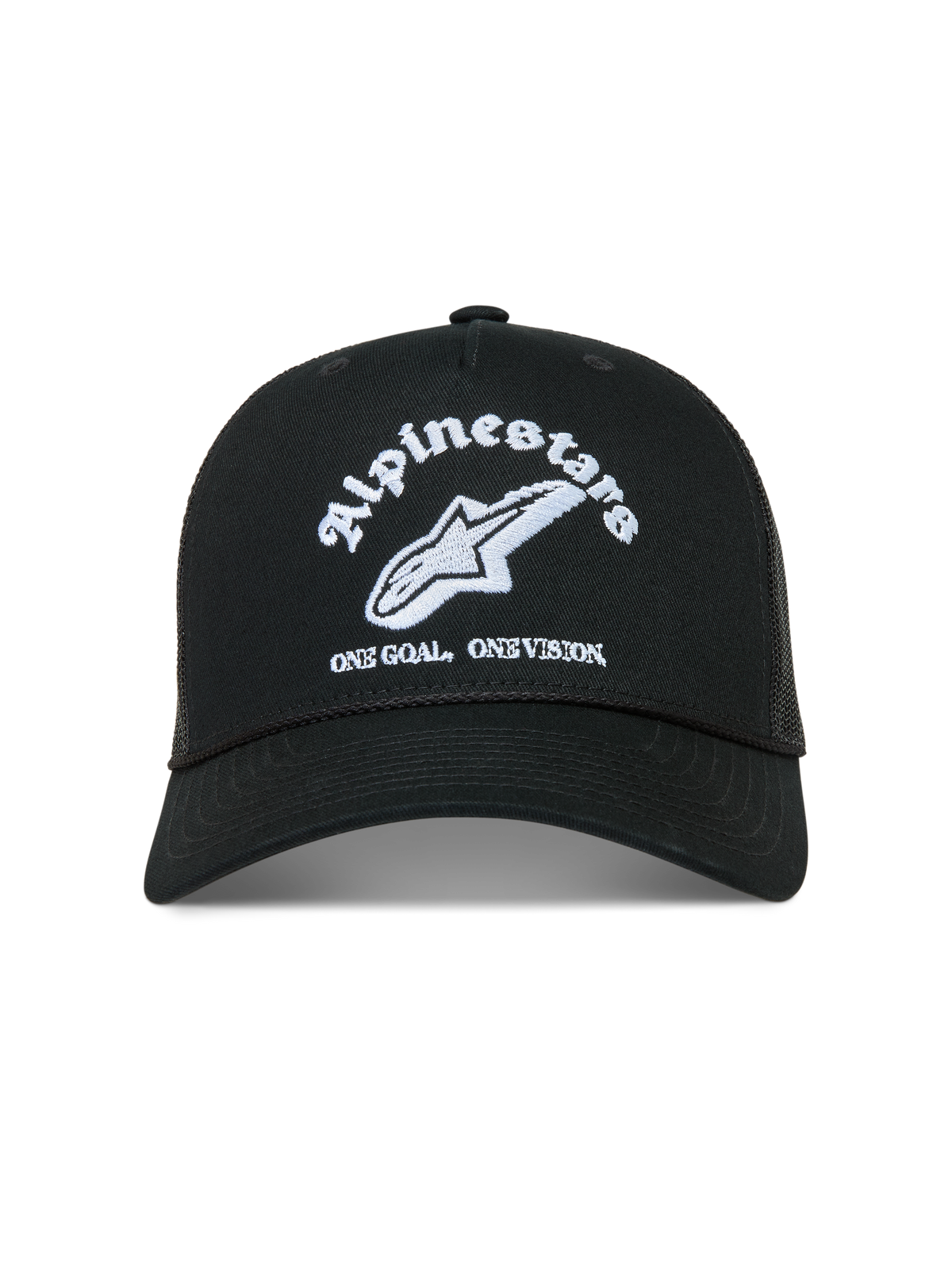 Alpinestars Baron Trucker keps, svart sportkeps med vit logotypbrodyr, böjd skärm och ventilerande meshbaksida.