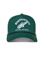 Alpinestars Baron Trucker Hat, Green and White Mesh Sportswear Cap, Curved Bill, Structured Crown and Embroidered Front Logo.