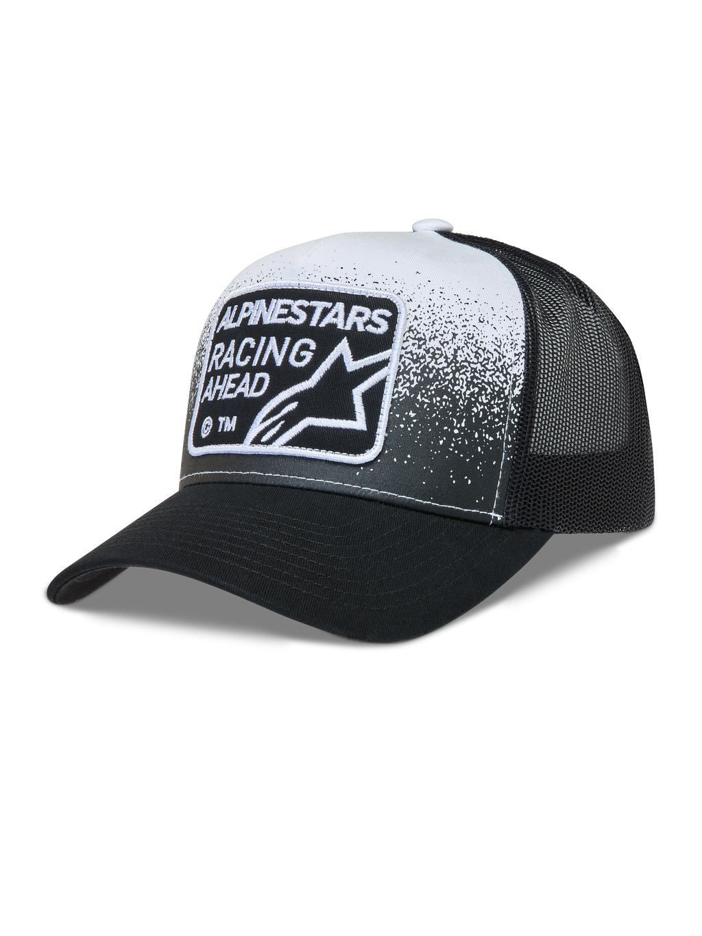 Alpinestars Gravel Trucker keps, svart och vit nätkeps med böjd skärm och vävt Alpinestars Racing Ahead-märke.