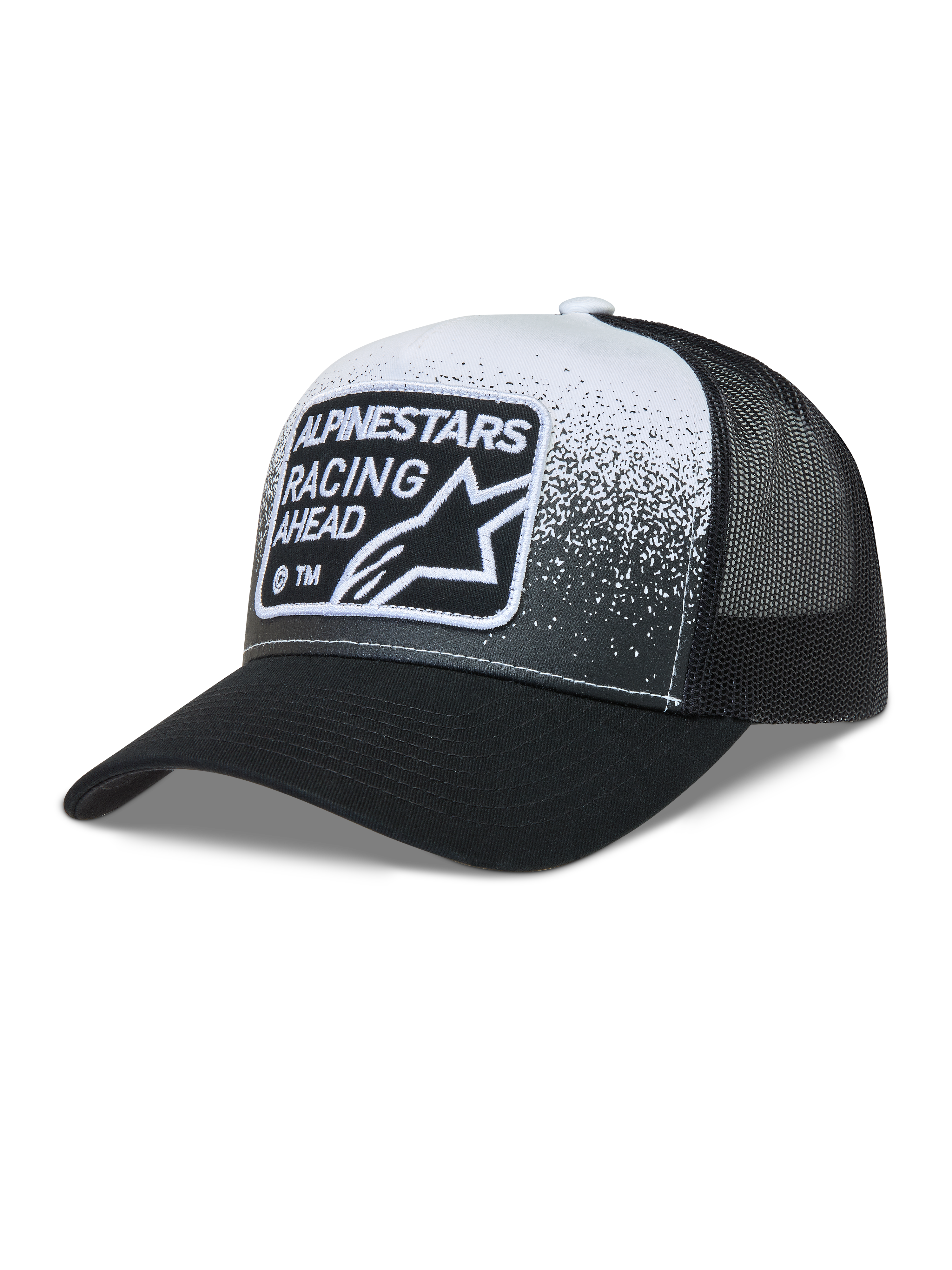 Alpinestars Gravel Trucker keps, svart och vit nätkeps med böjd skärm och vävt Alpinestars Racing Ahead-märke.