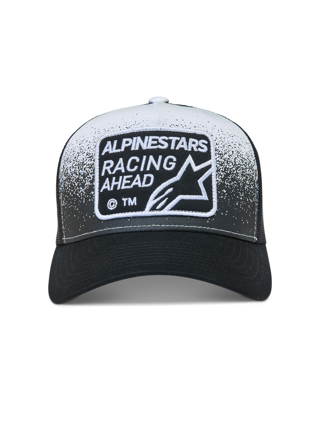 Alpinestars Gravel Trucker keps, svart och vit sportkeps med meshbaksida, grustexturtryck och vävd logotyplapp.