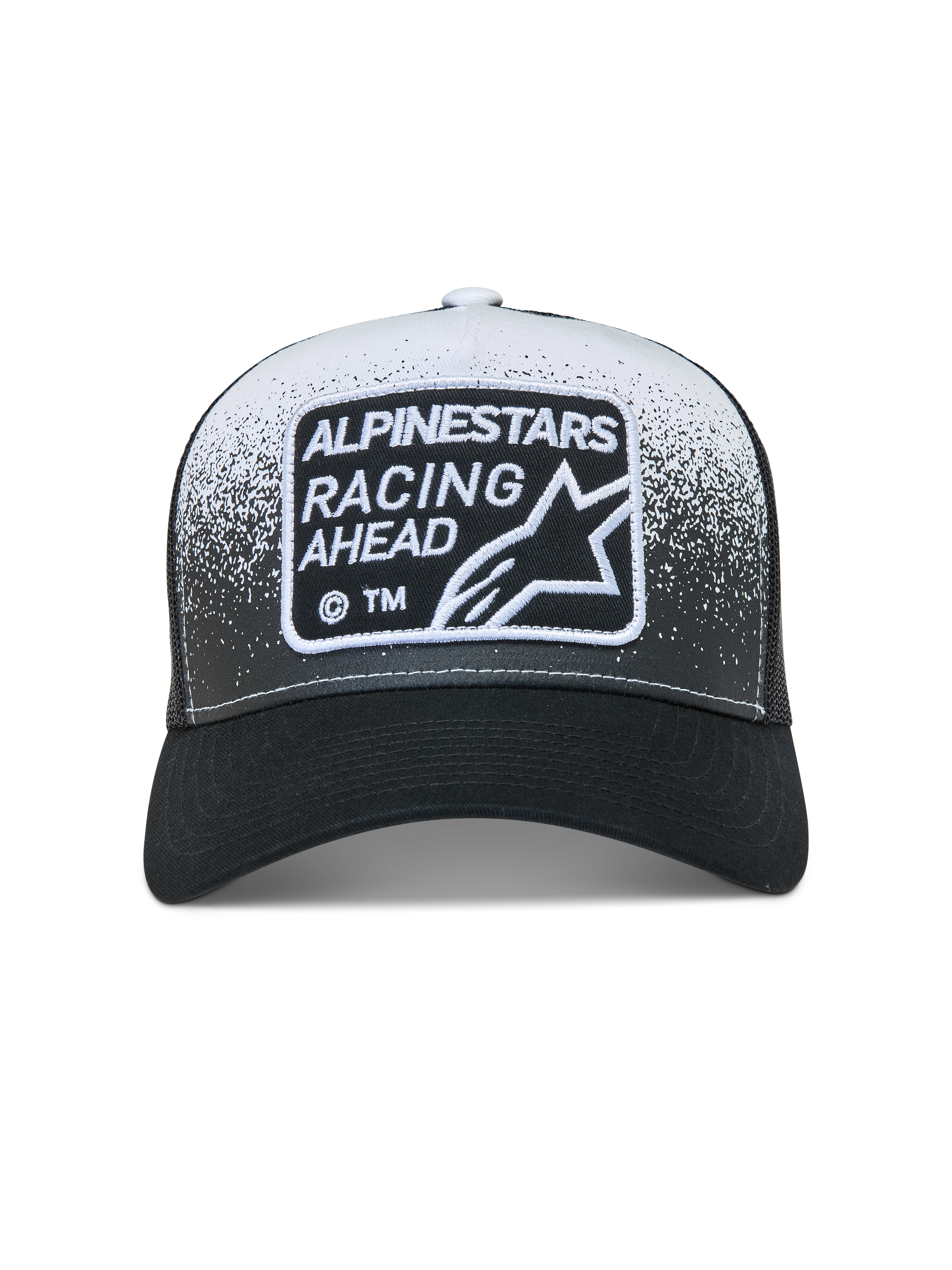 Alpinestars Gravel Trucker keps, svart och vit sportkeps med meshbaksida, grustexturtryck och vävd logotyplapp.