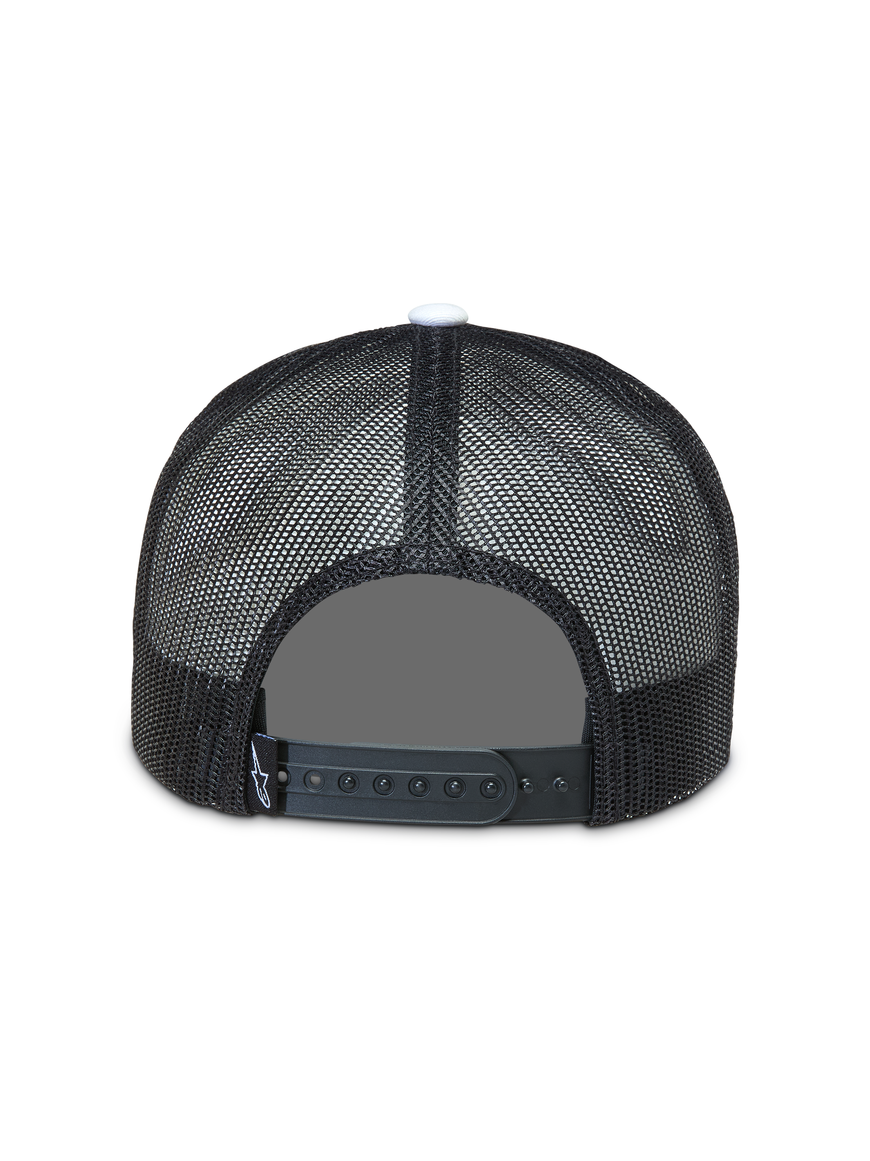 Alpinestars Gravel Trucker keps bakifrån, svart sportkeps med andningsbar meshbaksida och justerbar snapback-stängning.