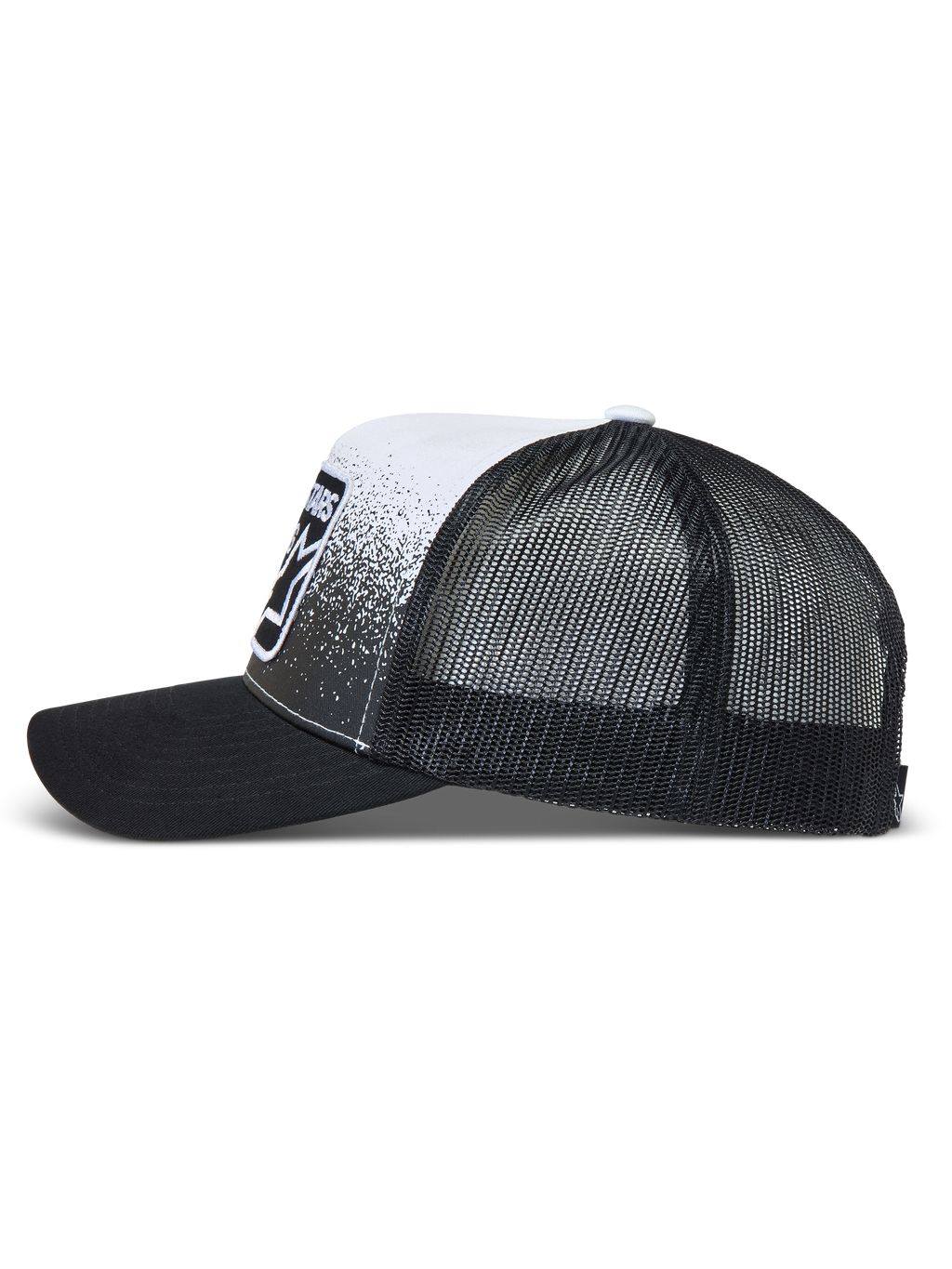 Alpinestars Gravel Trucker hatt, svart och vit keps med meshbaksida, böjd skärm och grustexturtryck.