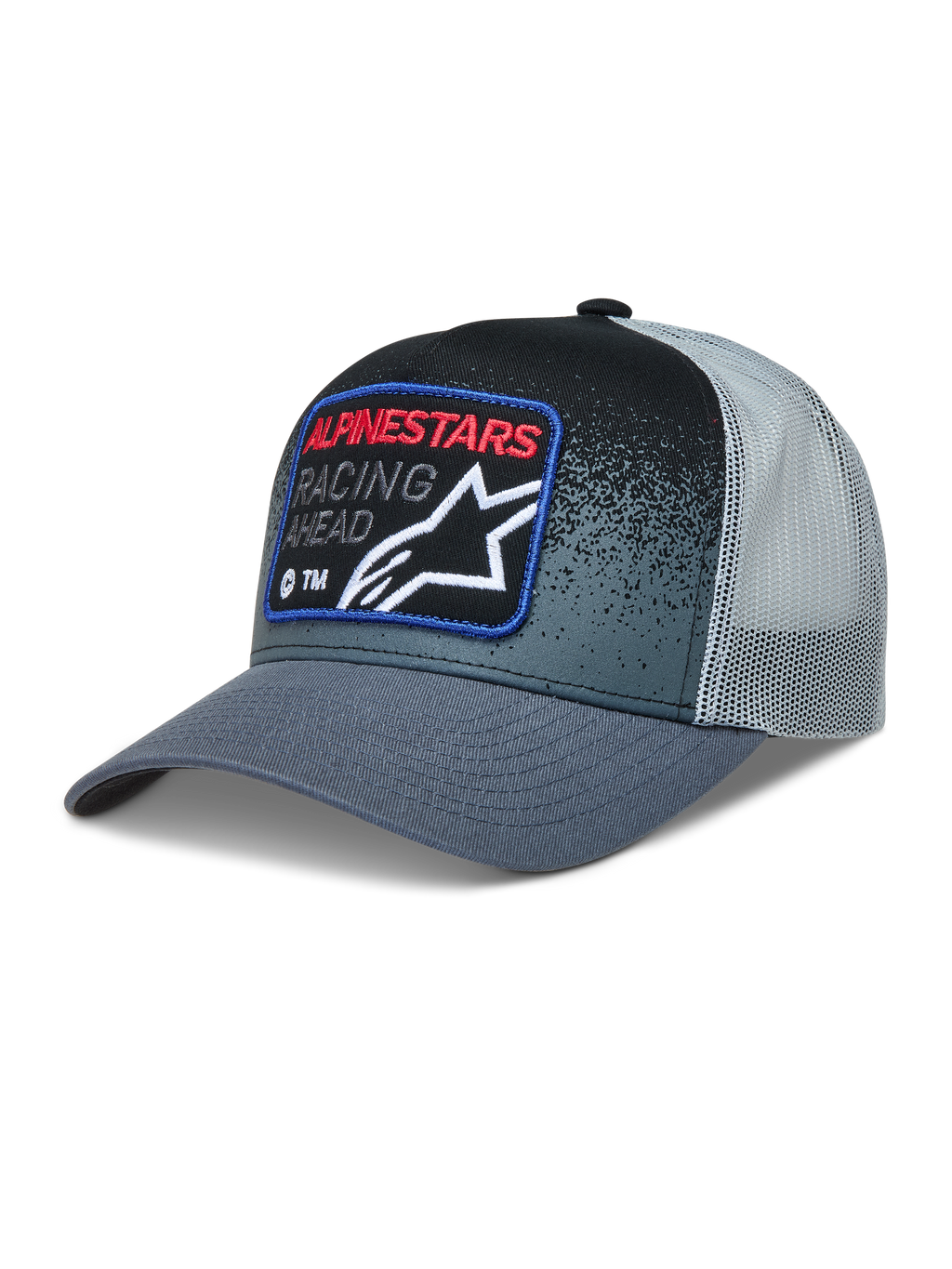 Alpinestars Gravel Trucker keps, mörkgrå och svart keps med nätbaksida, böjd skärm och vävt racingmärke på fronten.