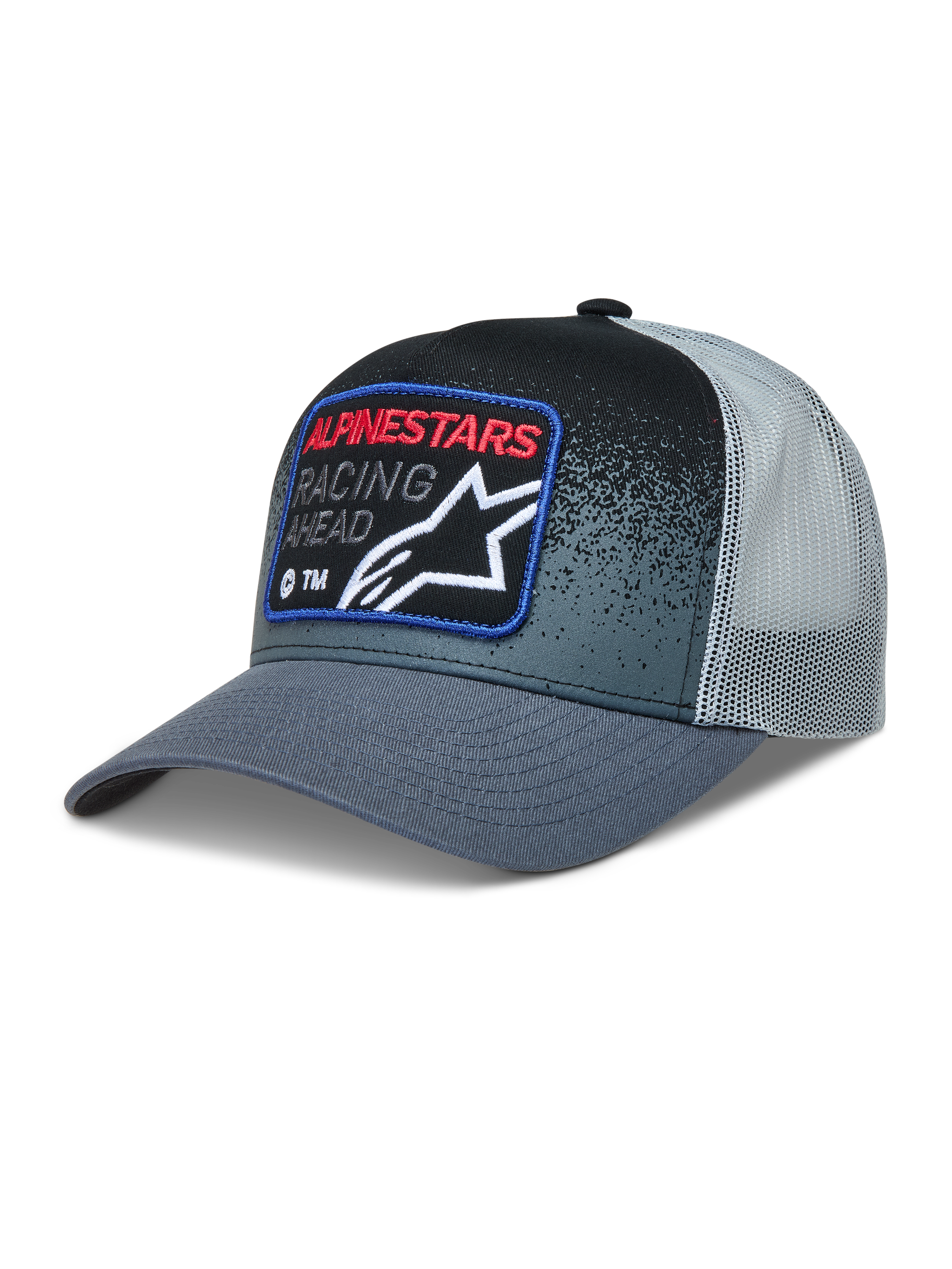 Alpinestars Gravel Trucker keps, mörkgrå och svart keps med nätbaksida, böjd skärm och vävt racingmärke på fronten.