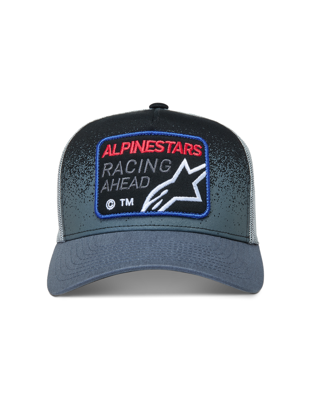 Alpinestars Gravel Trucker keps, mörkgrå och svart keps med mesh-bakstycke, vävt racingmärke och böjd skärm