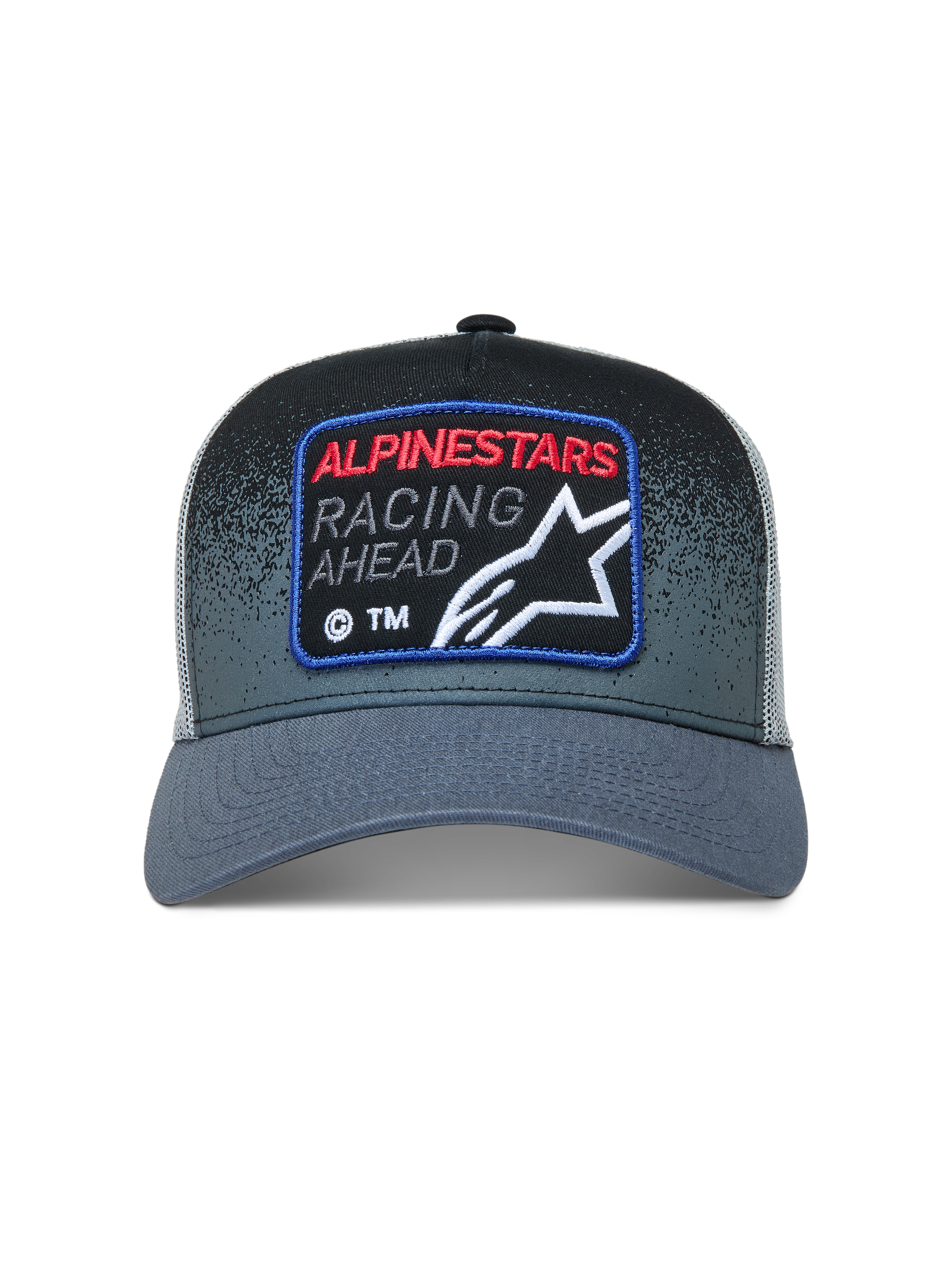 Alpinestars Gravel Trucker keps, mörkgrå och svart keps med mesh-bakstycke, vävt racingmärke och böjd skärm