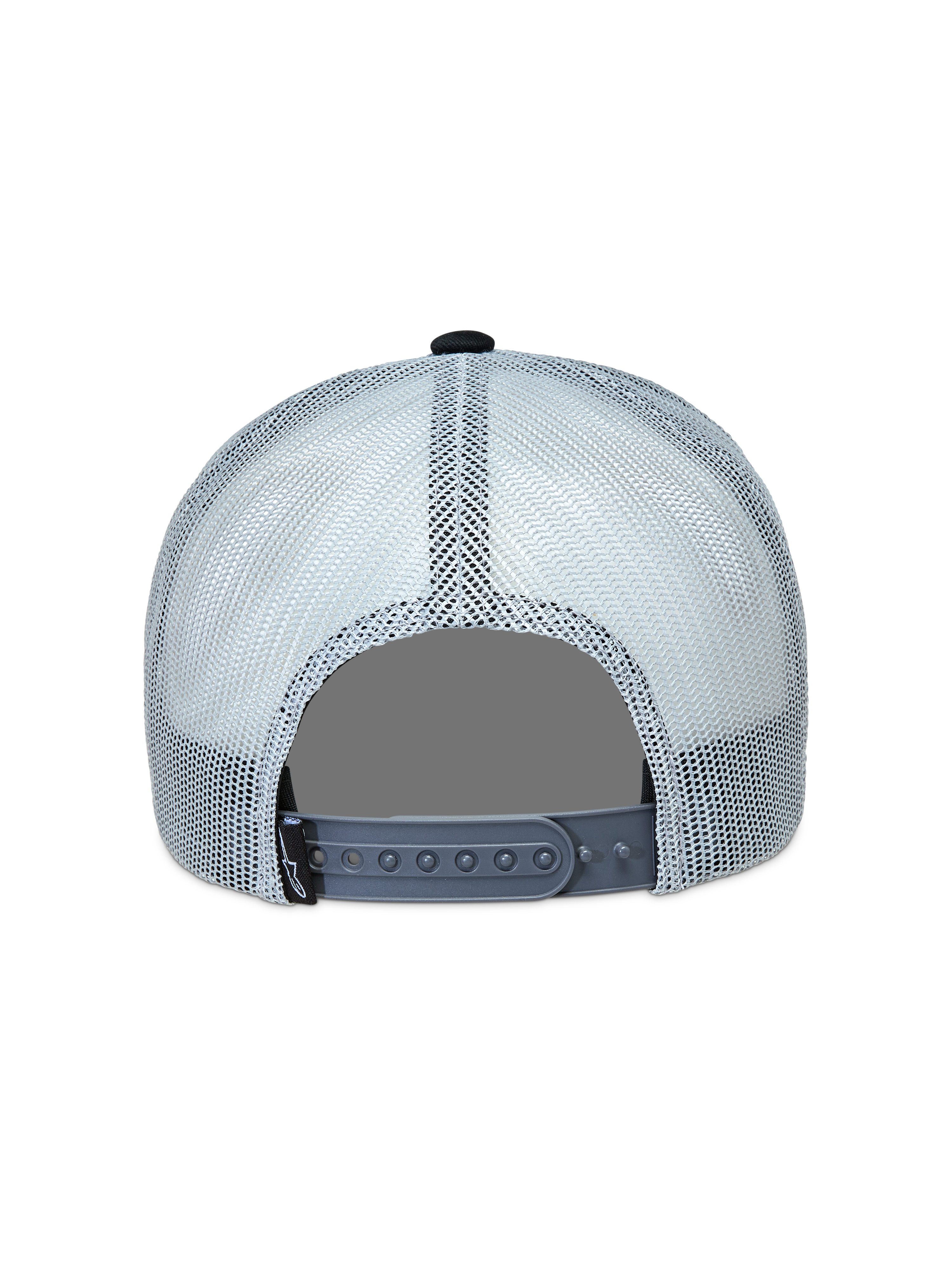 Alpinestars Gravel Trucker keps, grå och svart med ventilerande mesh och justerbar snapback-stängning, baksida.