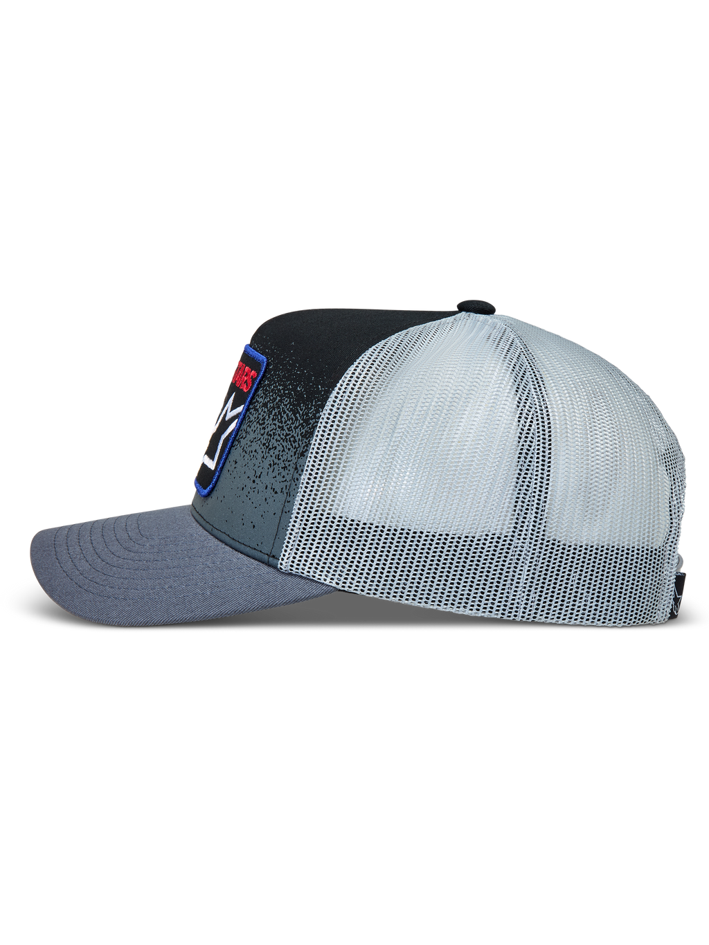 Alpinestars Gravel Trucker hatt, mörkgrå och svart keps med mesh-baksida och twillfront med grustexturtryck.