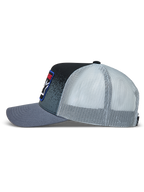 Alpinestars Gravel Trucker hatt, mörkgrå och svart keps med mesh-baksida och twillfront med grustexturtryck.