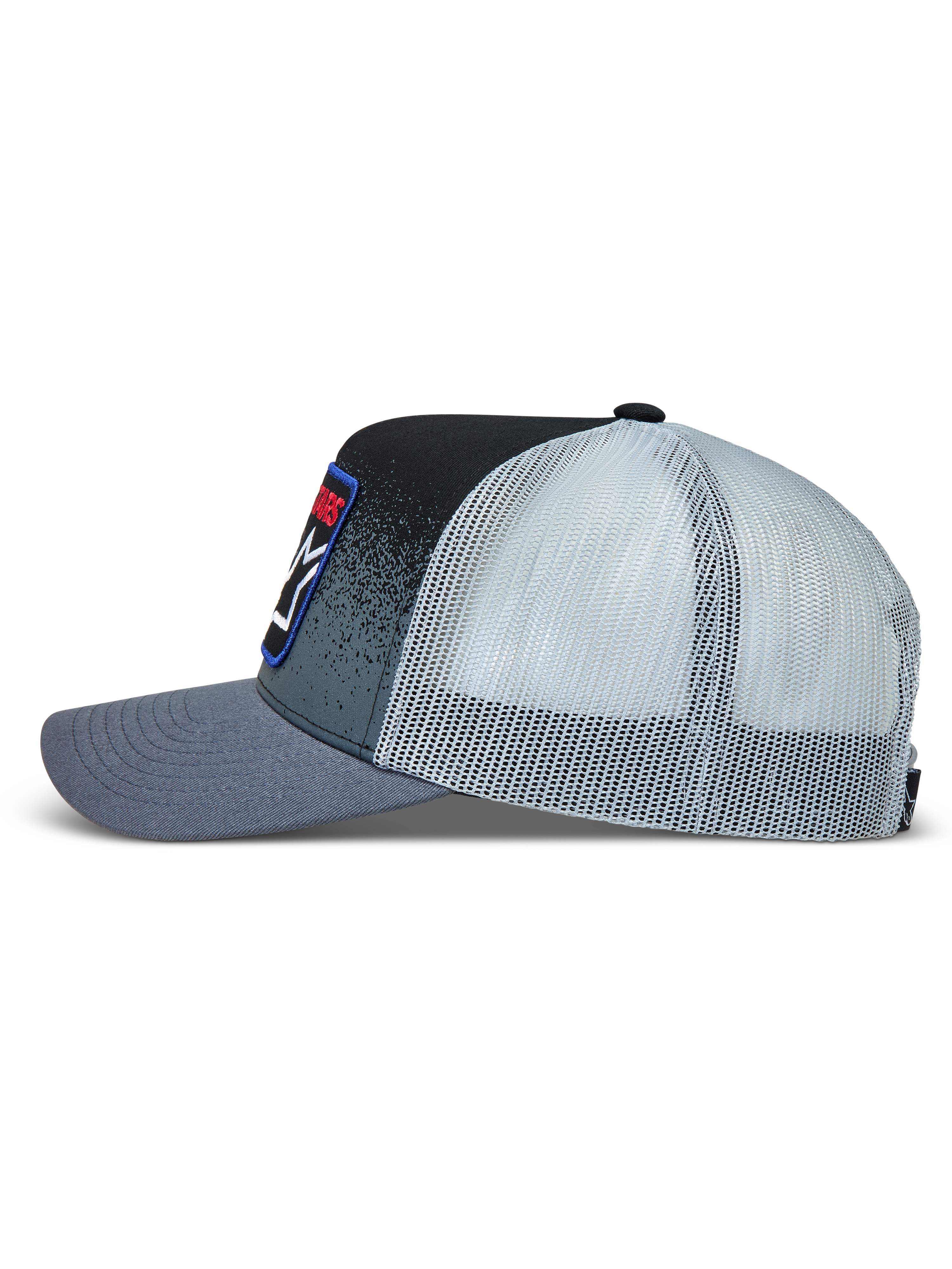 Alpinestars Gravel Trucker hatt, mörkgrå och svart keps med mesh-baksida och twillfront med grustexturtryck.