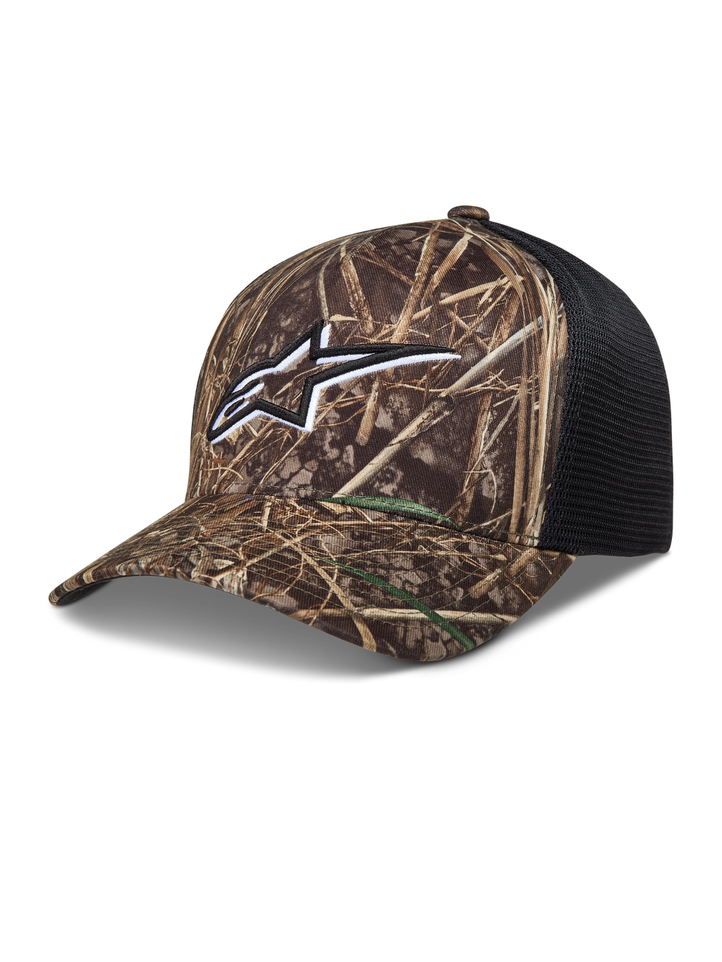 Alpinestars Thicket Realtree Trucker Hat, Camo and Black Sportswear Cap with embroidered Astars logo, curved bill and breathable mesh back.